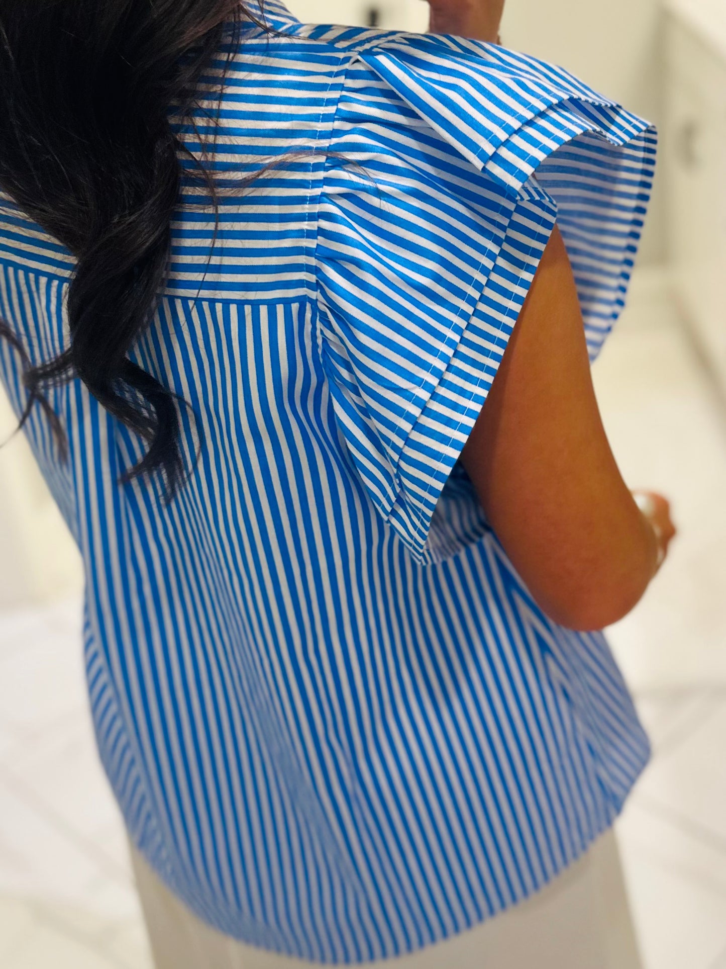 The Virginia Blue Striped Ruffle Top