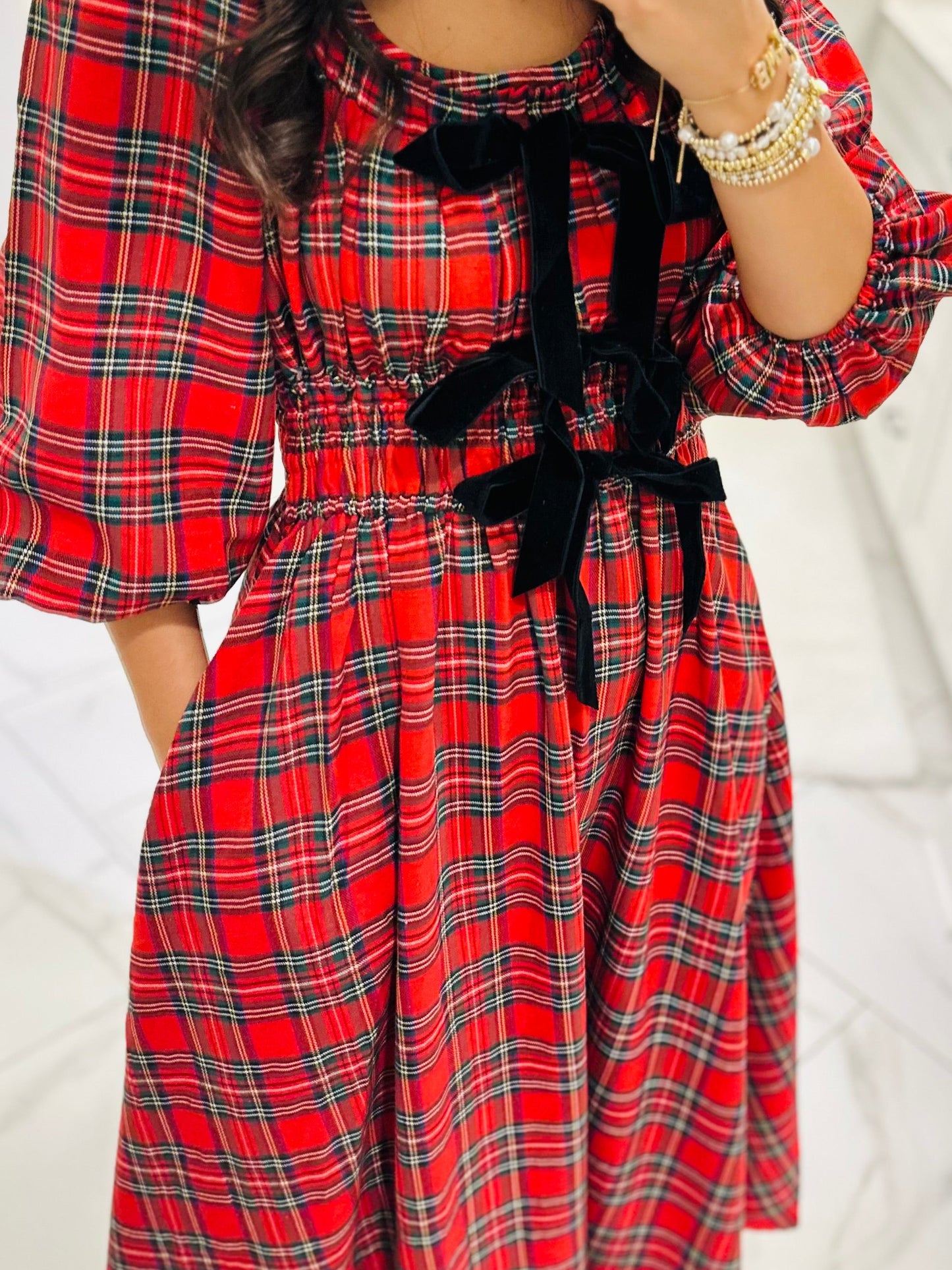 The Eve Red Holiday Plaid Bow Midi Dress