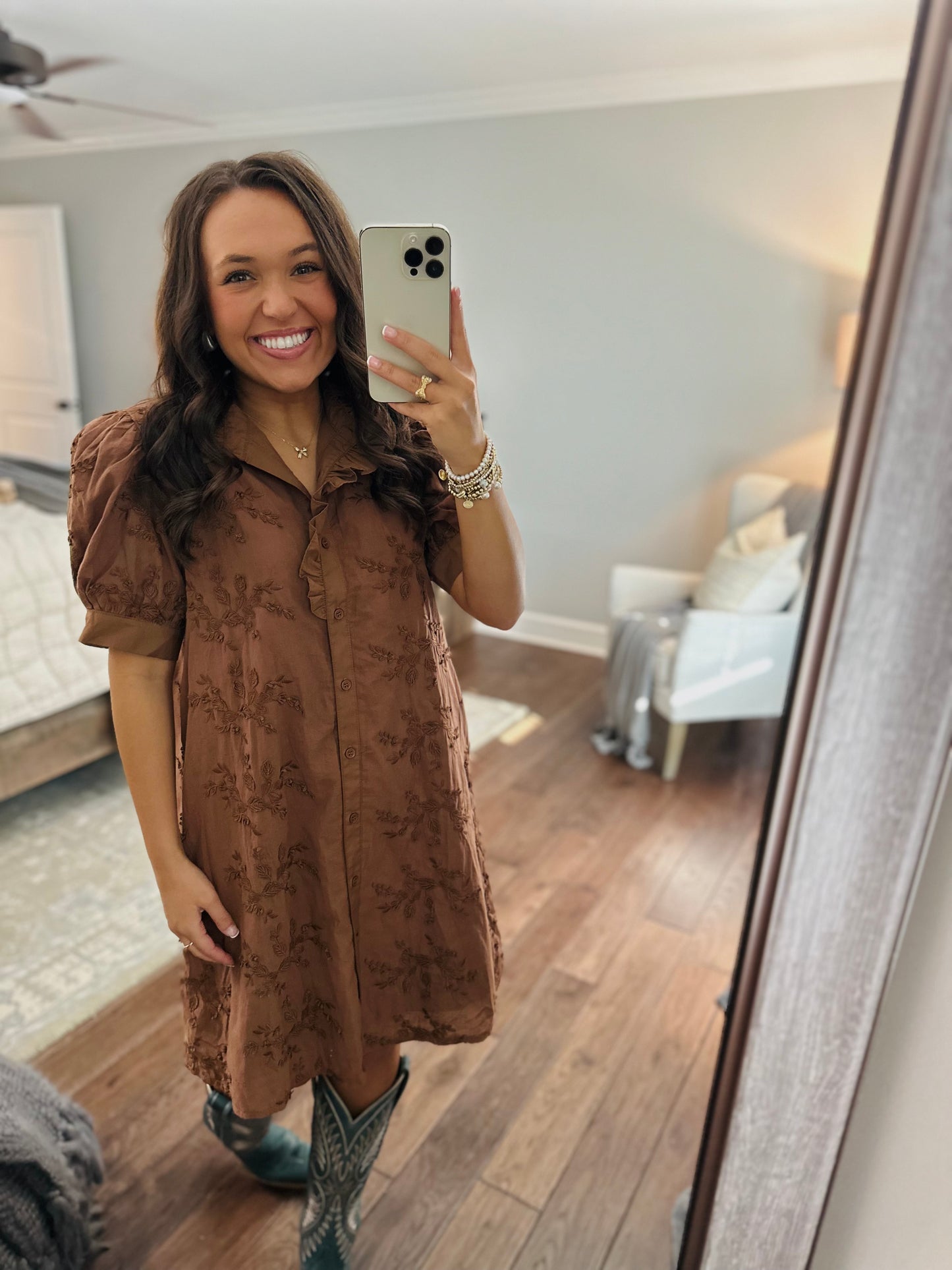 The Taylor Mocha Brown Floral Appliqué Dress