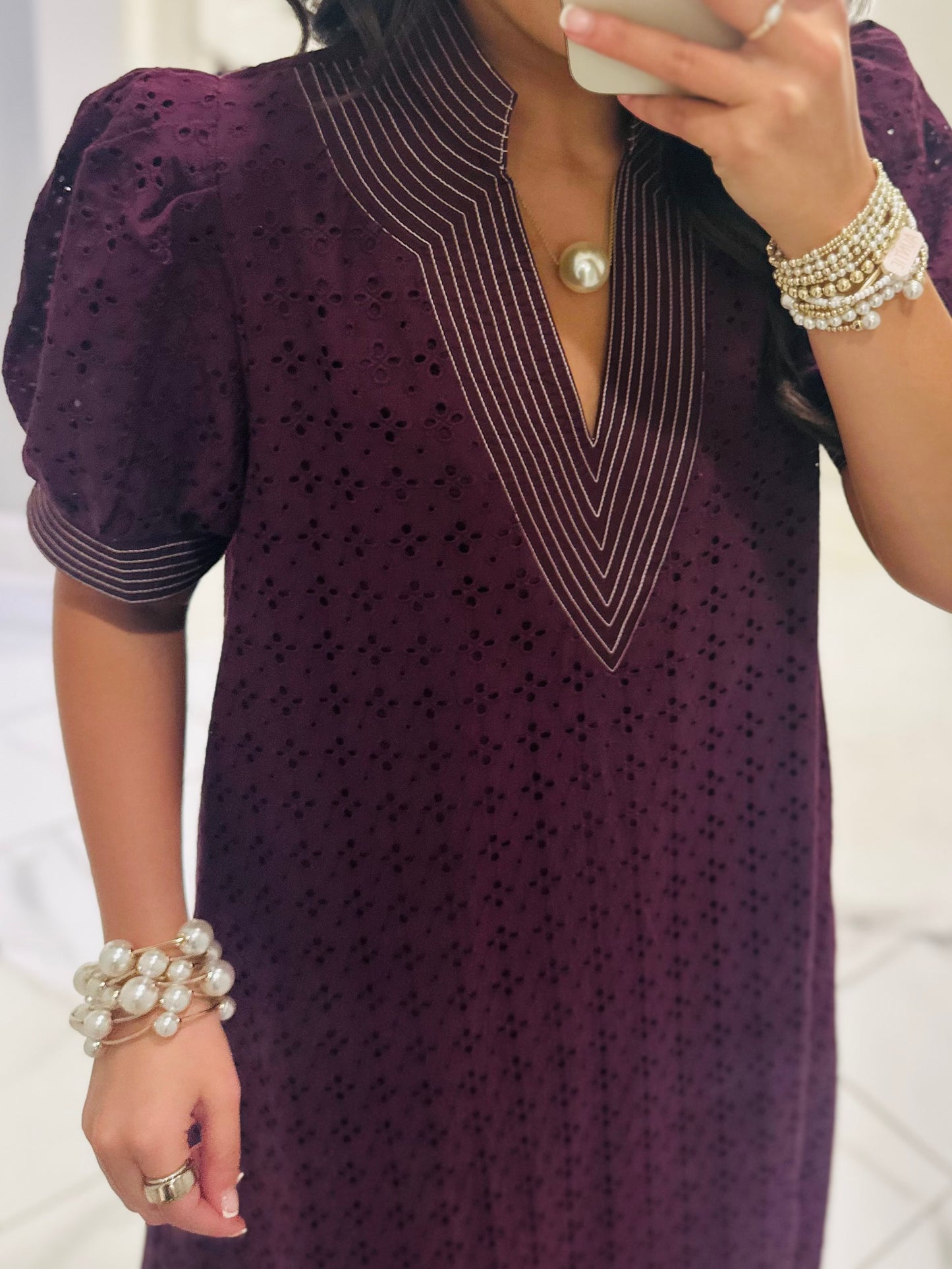 The Adley Merlot Eyelet Midi Dress