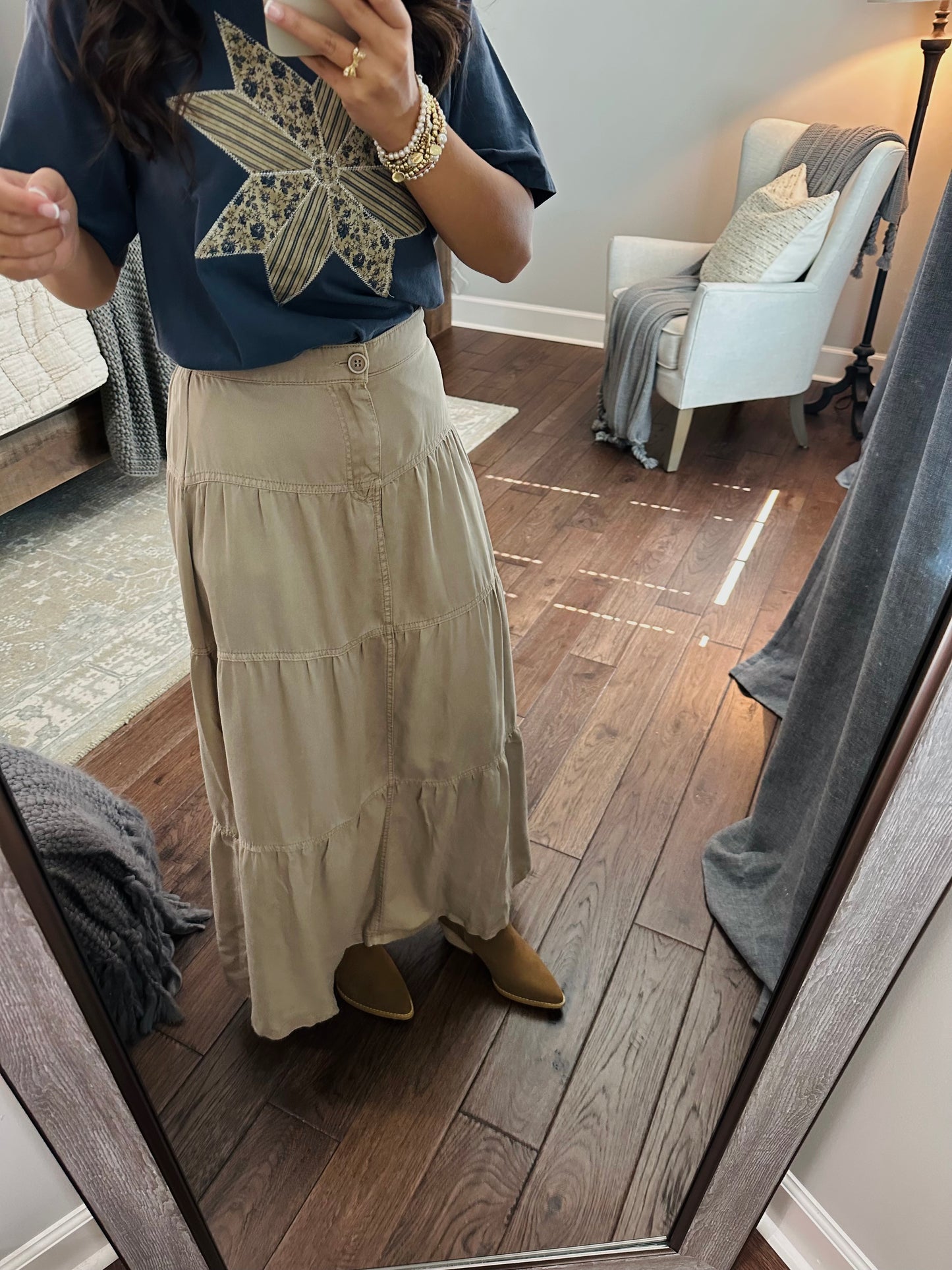 The Taupe High Rise Tiered Maxi Skirt