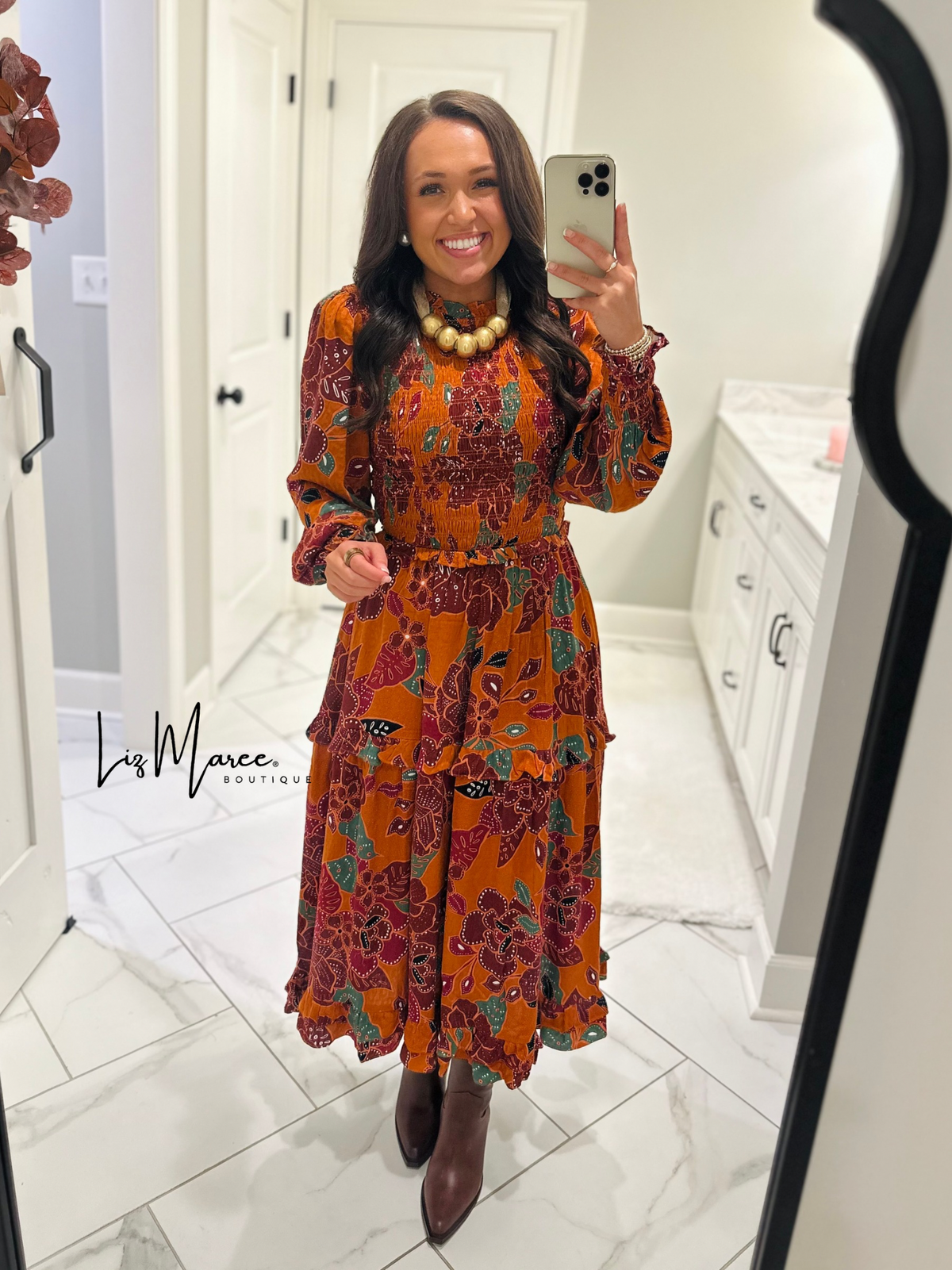 The Marven Rust Brown Floral Smocked Midi Dress