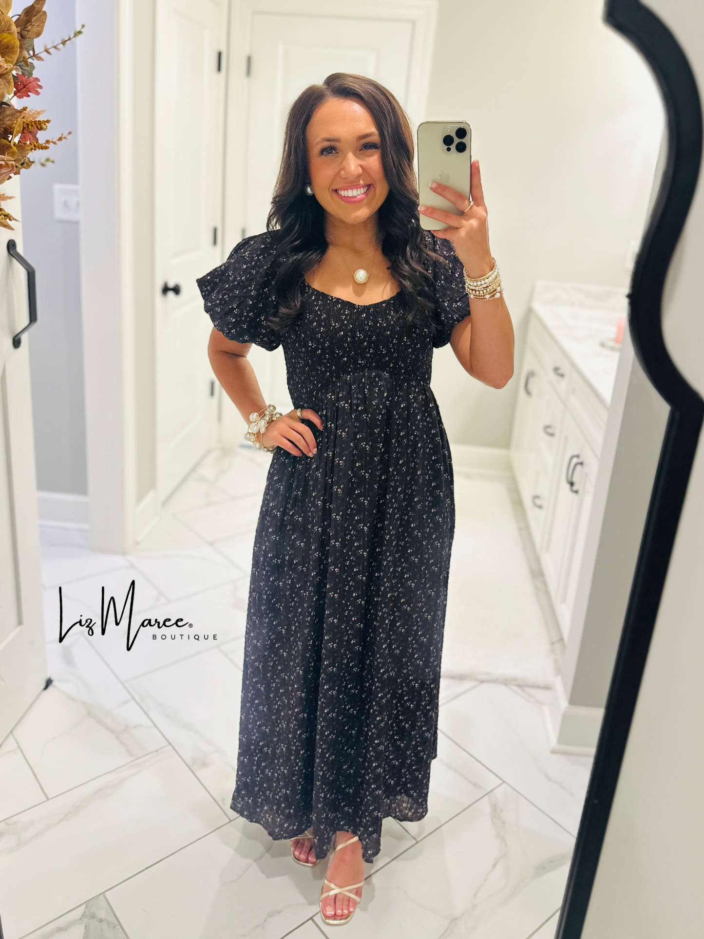 The Miley Dark Brown Ditsy Floral Smocked Maxi Dress