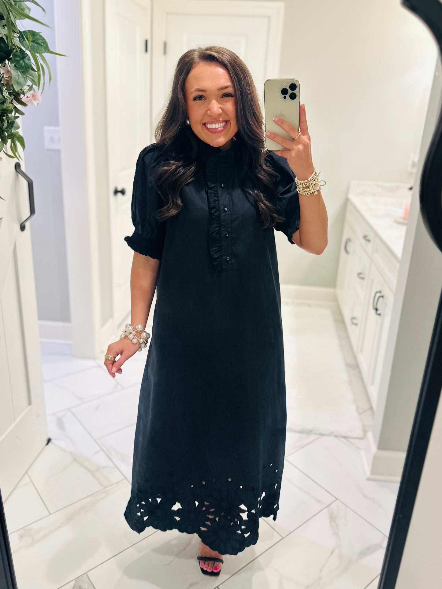 The Blakeley Black Embroidered Scallop Midi Dress