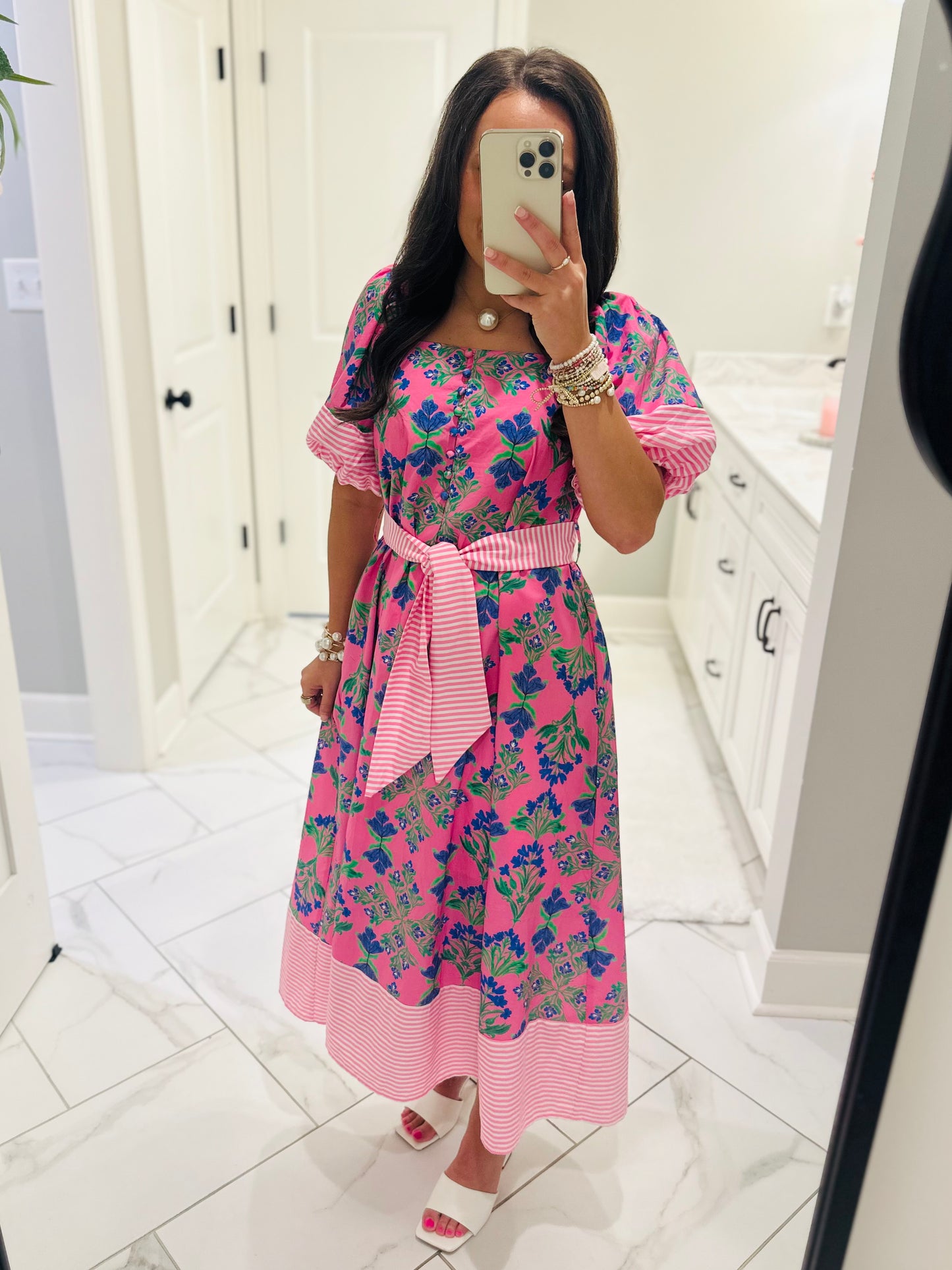 The Harlee Pink Botanical Midi Dress