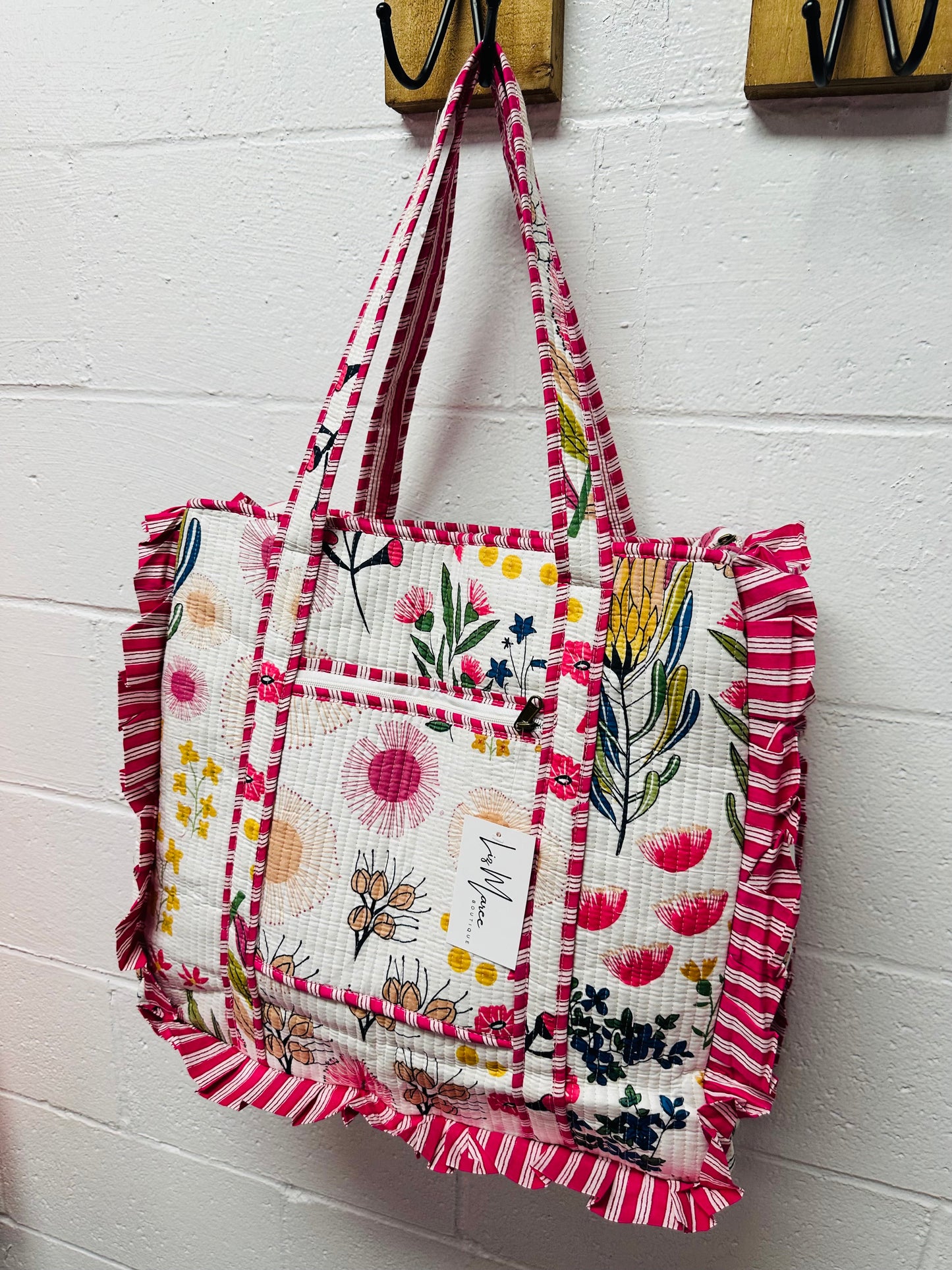 The White + Pink Floral Ruffle Quilted Tote Bag