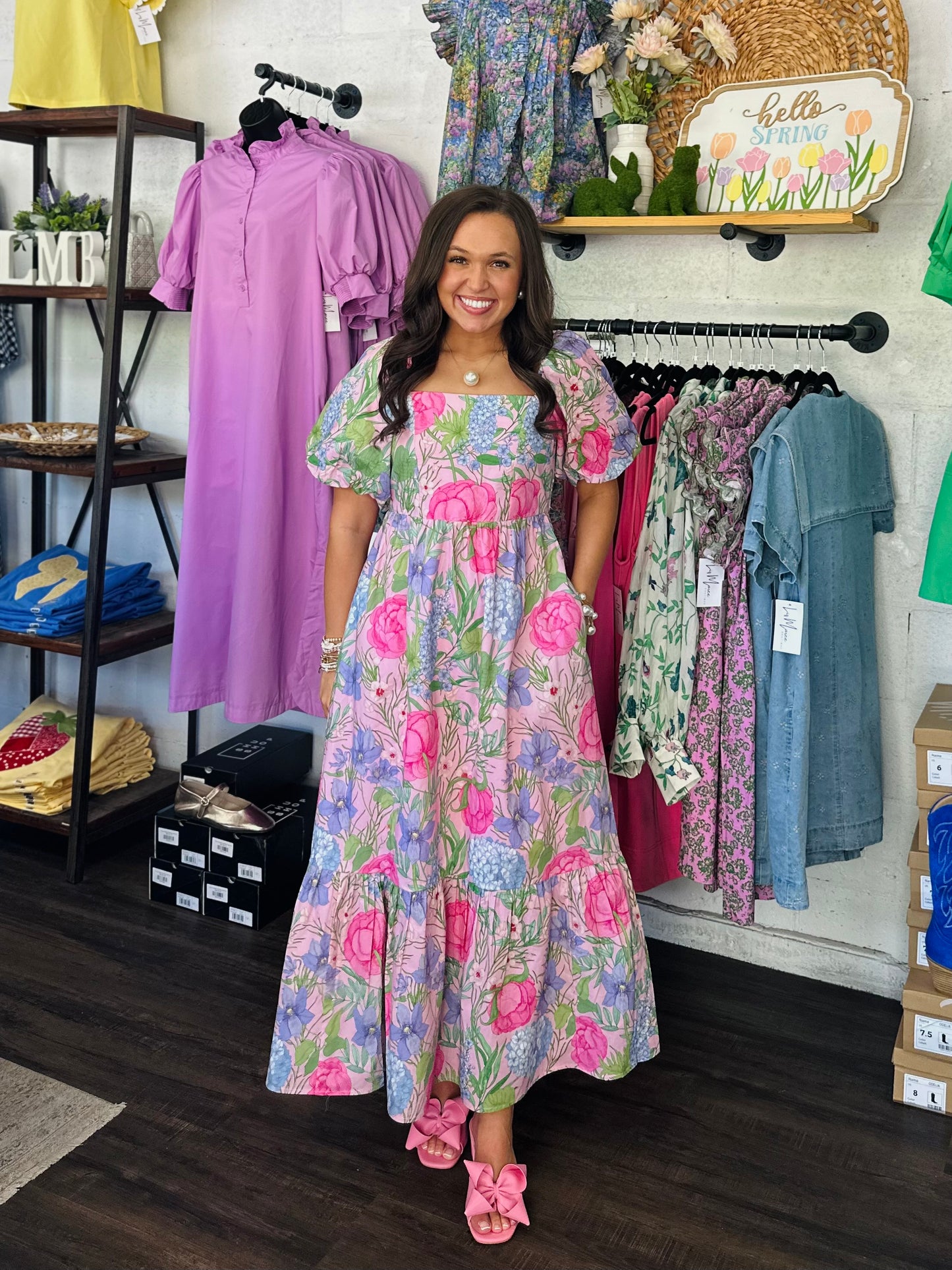 The Danyale Pink Floral Bow Midi Dress