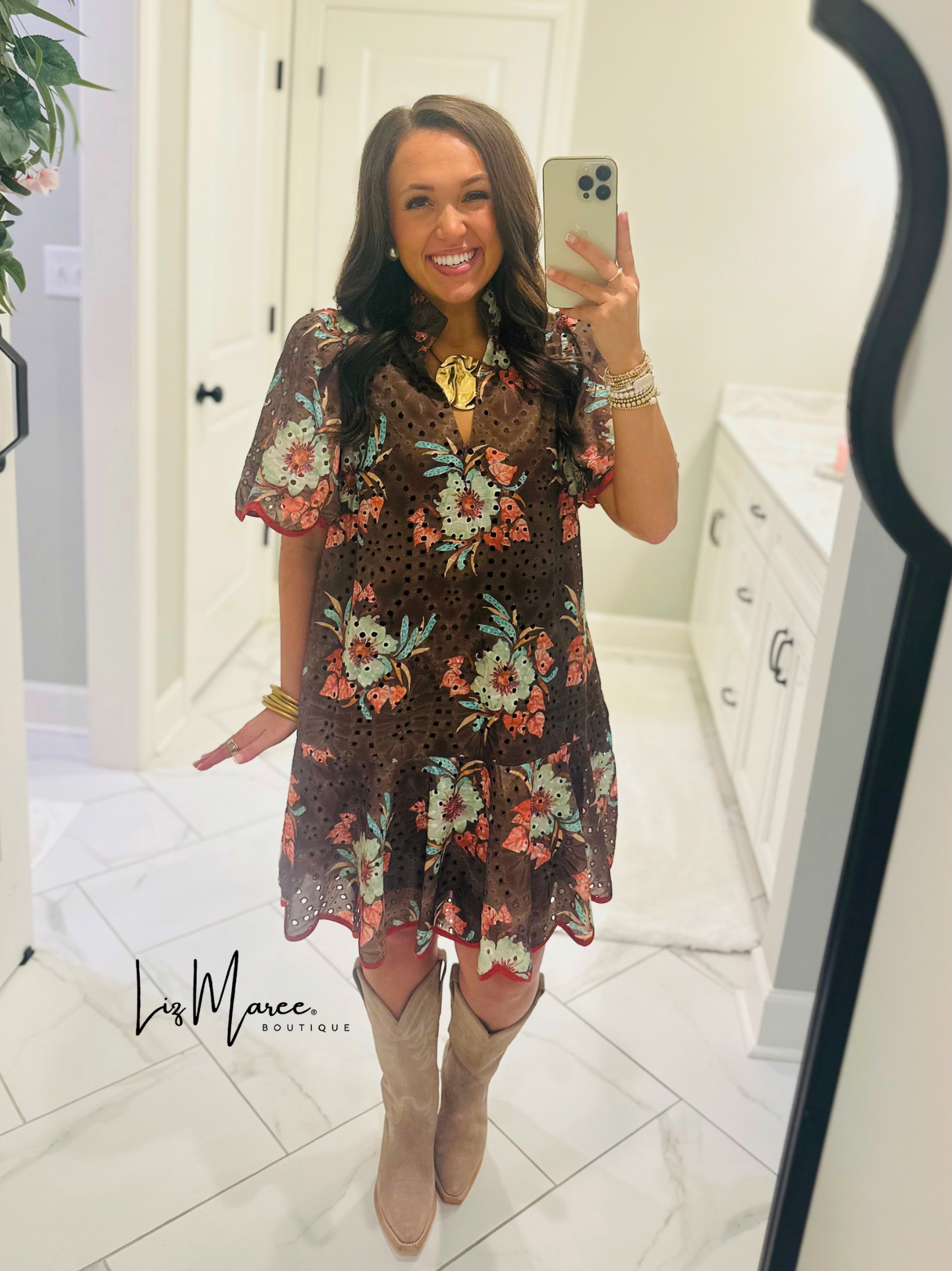 The Brinley Brown Floral Eyelet Scallop Dress