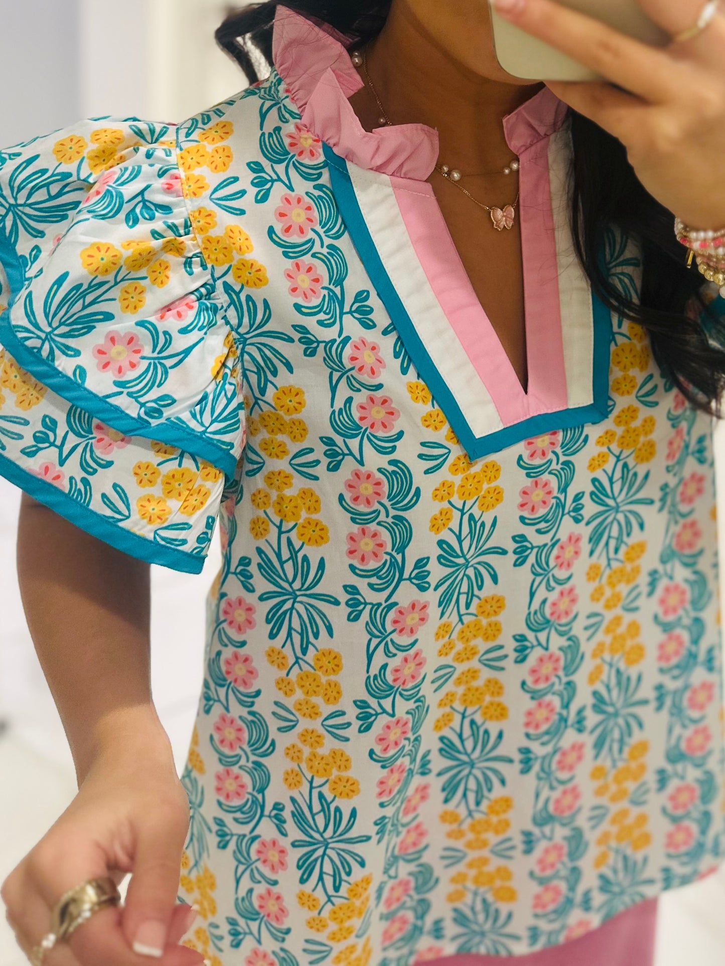 The Cora Blue + Pink Floral Top
