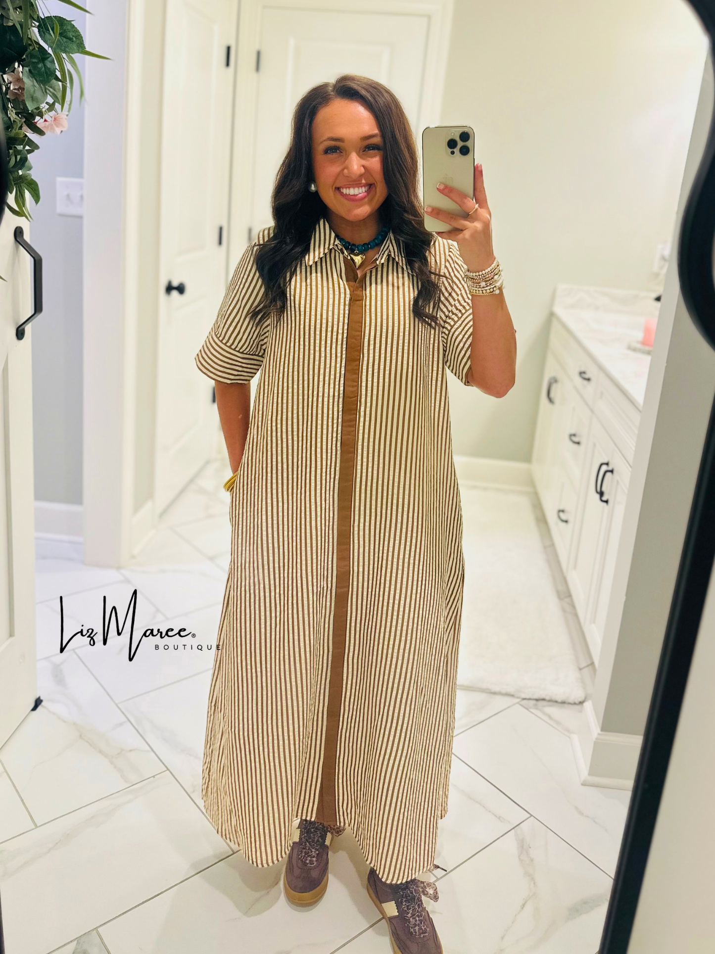 The Nora Caramel Brown Striped Midi Dress