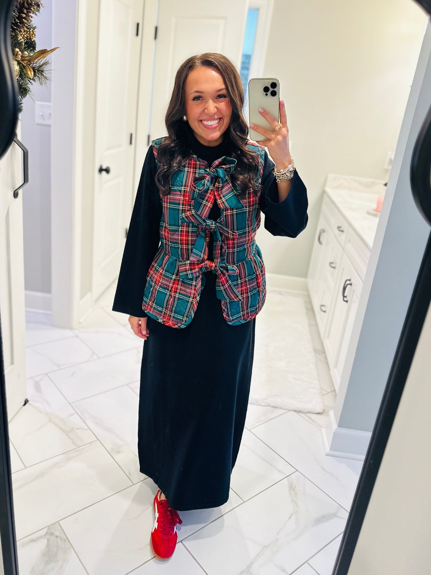 The Charity Green Plaid Quilted Bow Vest