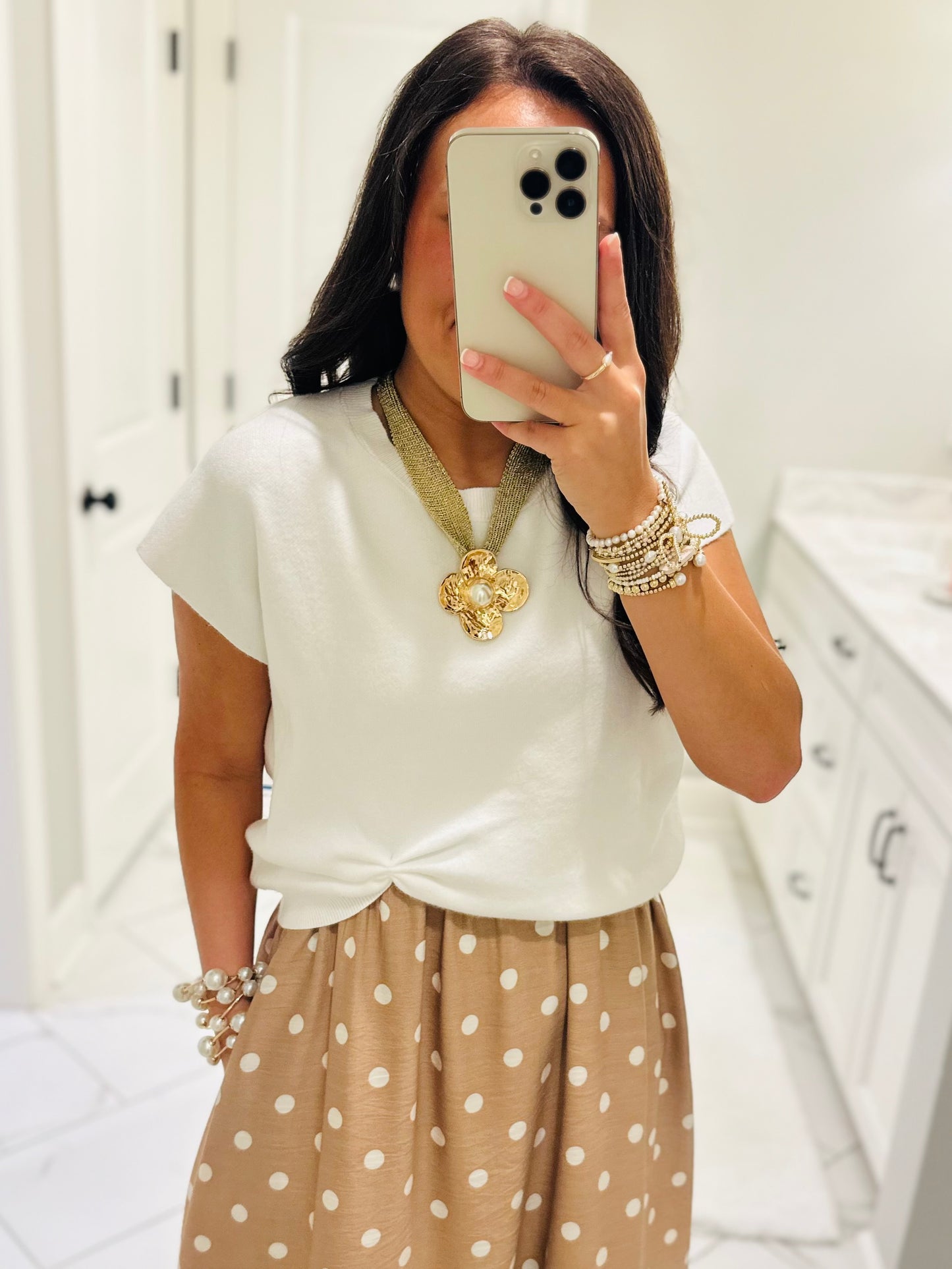 The Lennon Cream Tan Layered Polka Dot Midi Dress