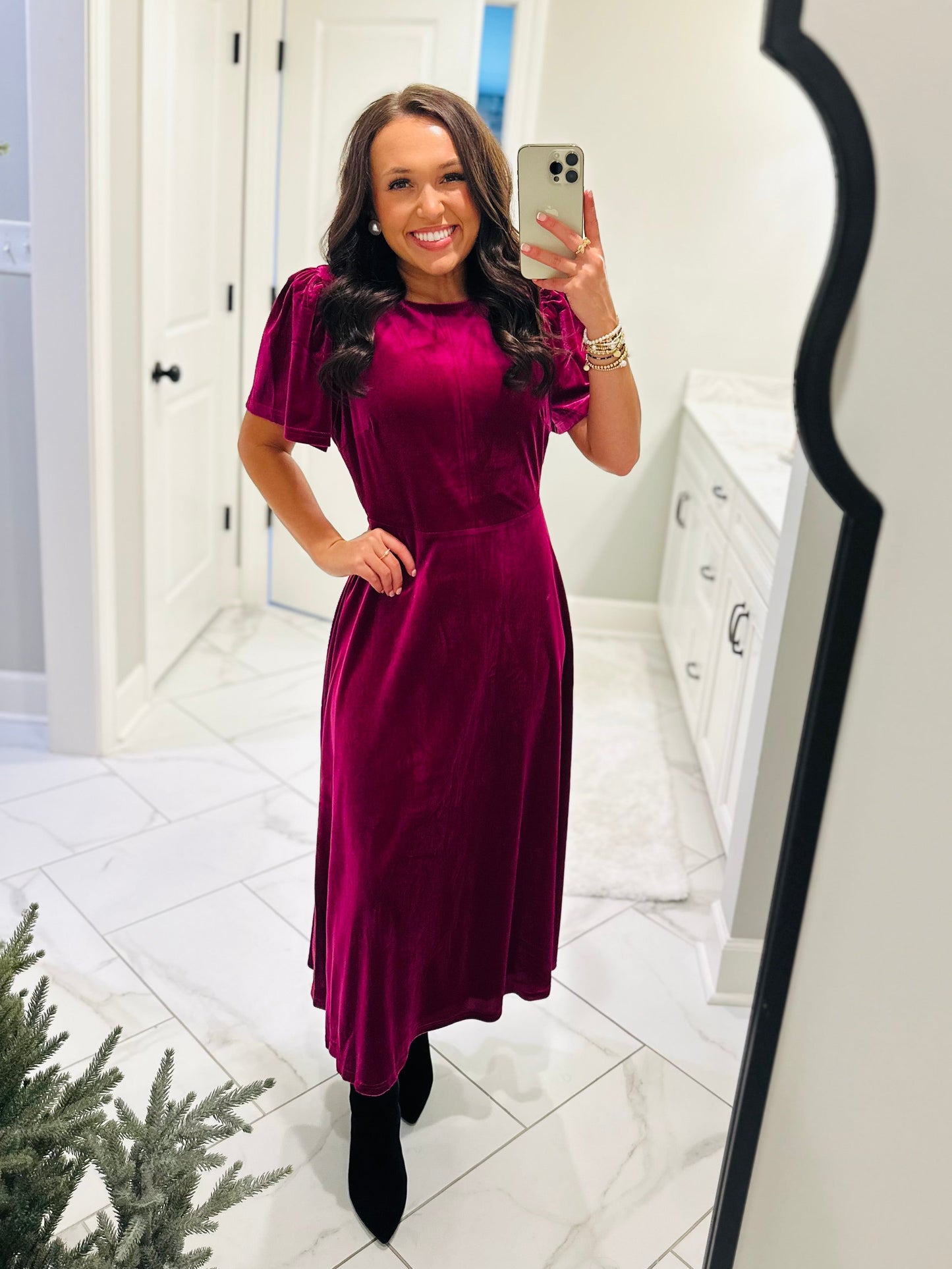 The Mary Magenta Velvet A-line Midi Dress