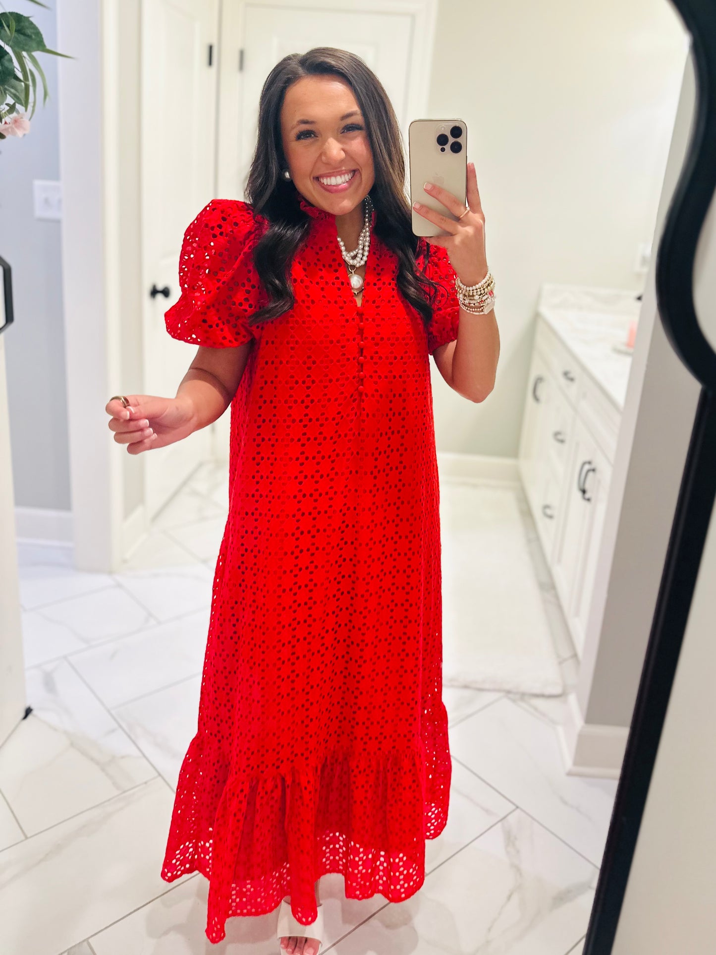 The Liz Red Eyelet Midi Dress