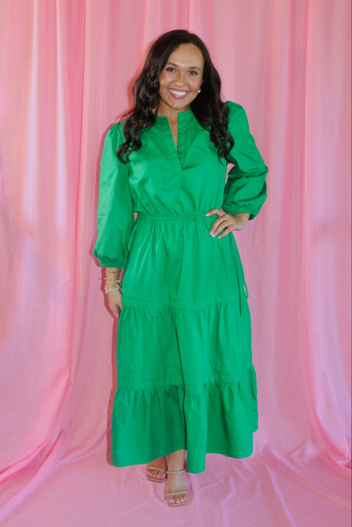 The Jayde Kelly Green Poplin Tiered Midi Dress