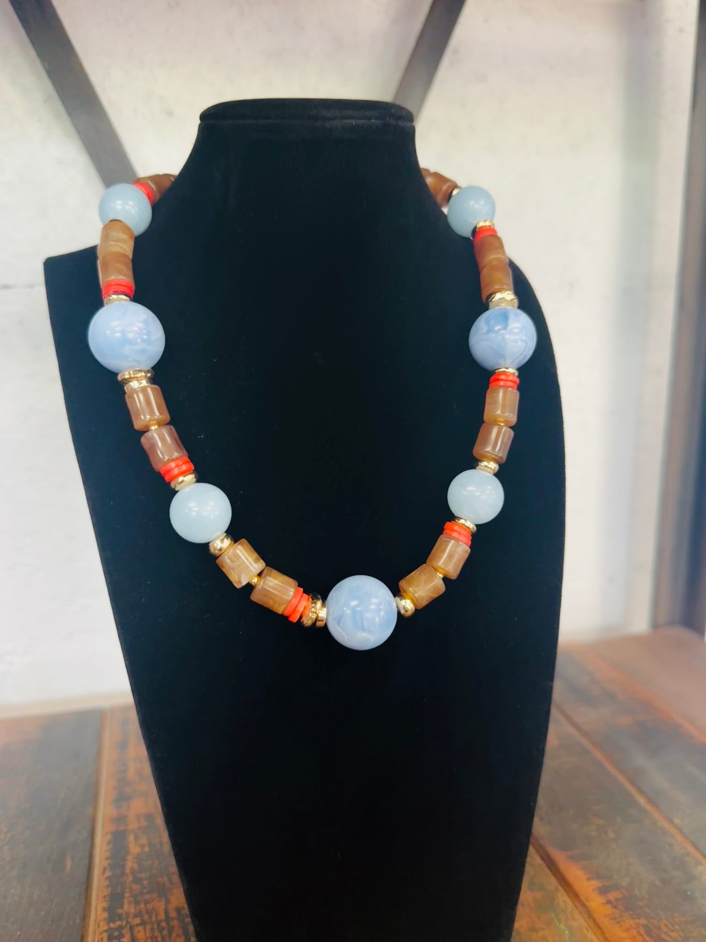 Light Blue Stone Ball Mixed Beaded Necklace
