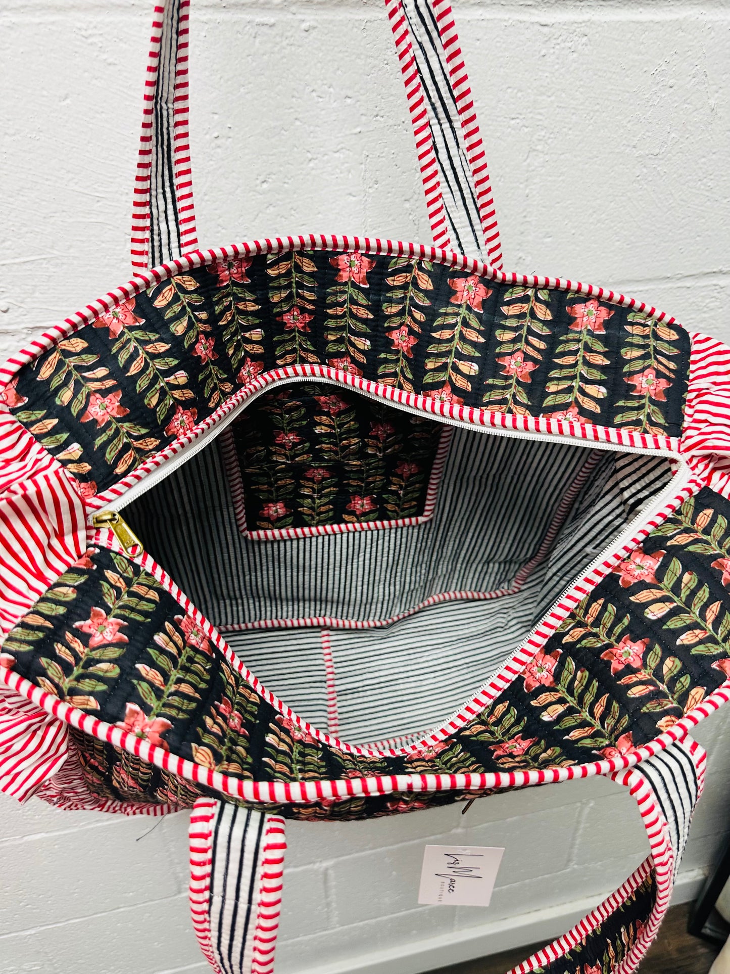 The Black Floral Ruffle Quilted Tote Bag