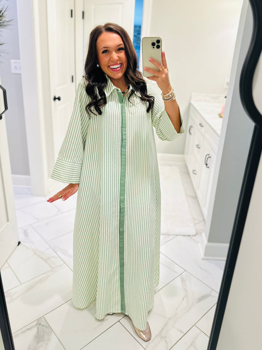 The Nora Sage Green Striped Midi Dress