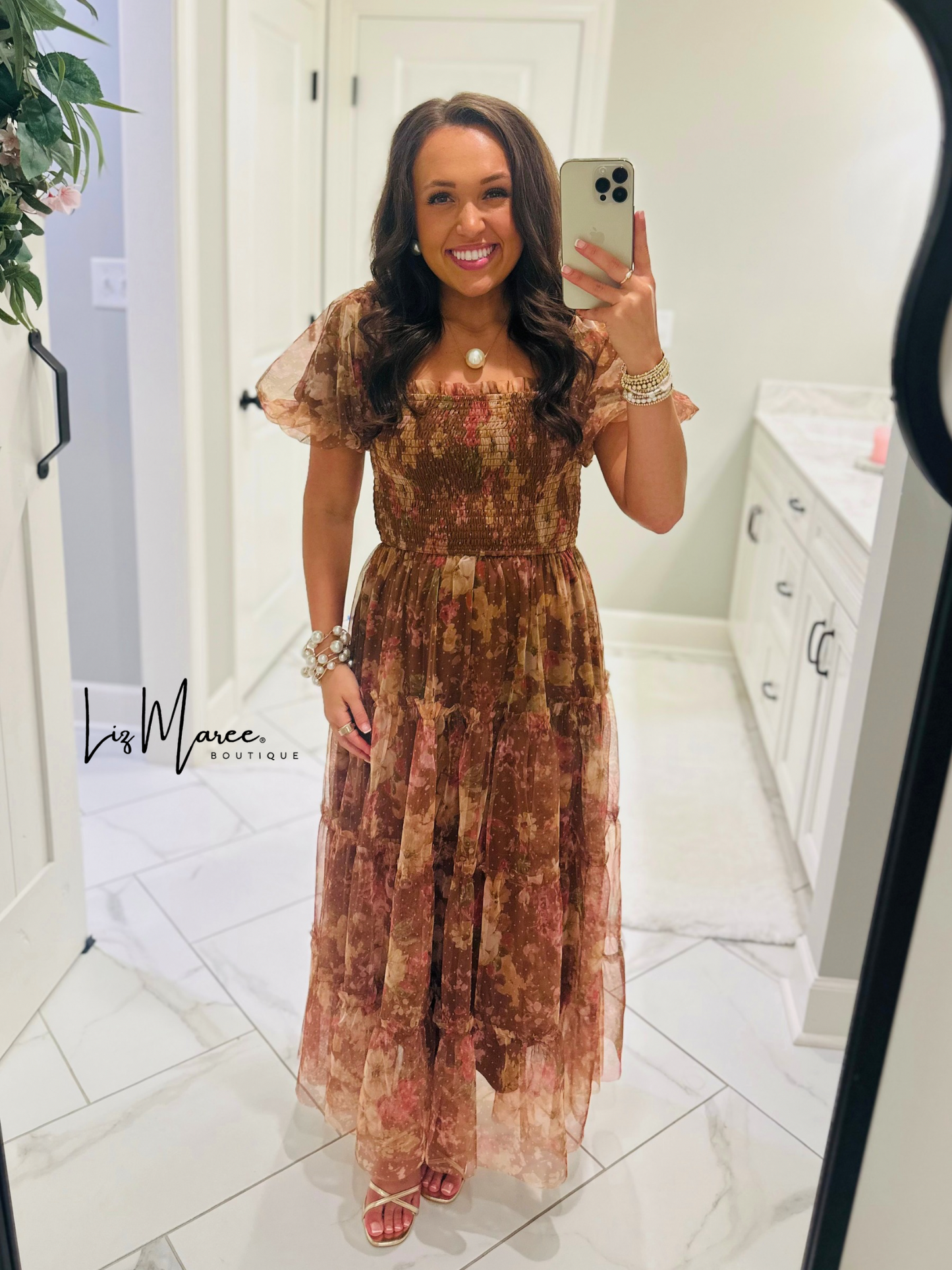 The Halston Light Brown Floral Polka Dot Midi Dress