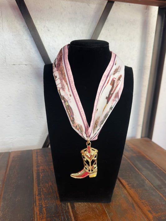 Pink Floral Silk Scarf + Gold Boot Pendant Necklace