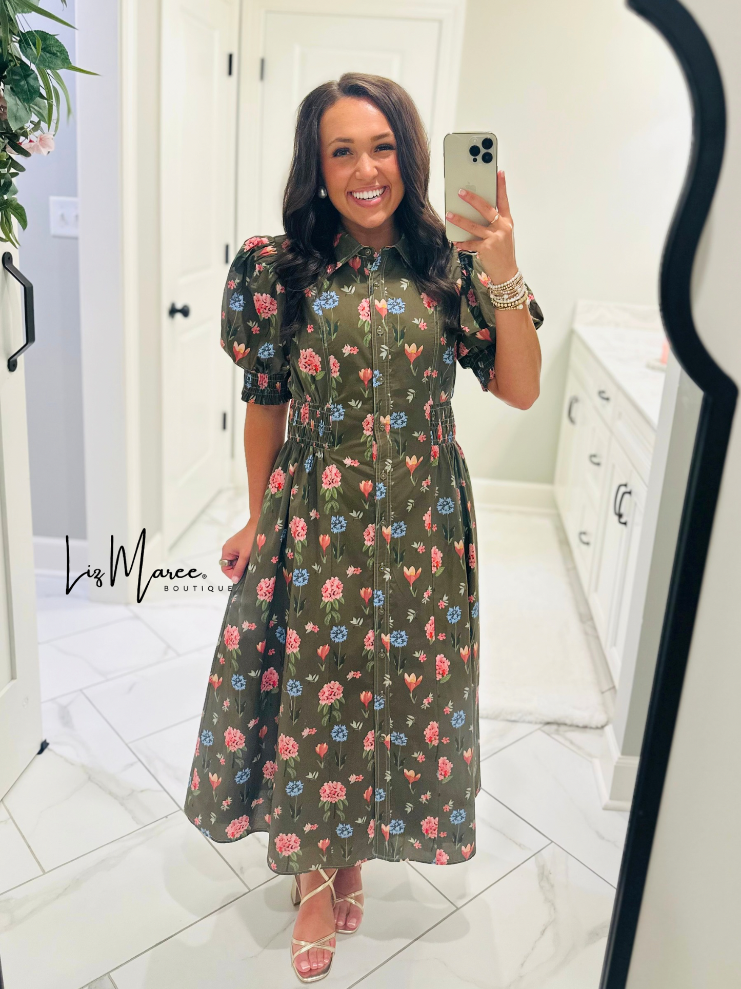 The Annie Olive Green Floral Midi Dress