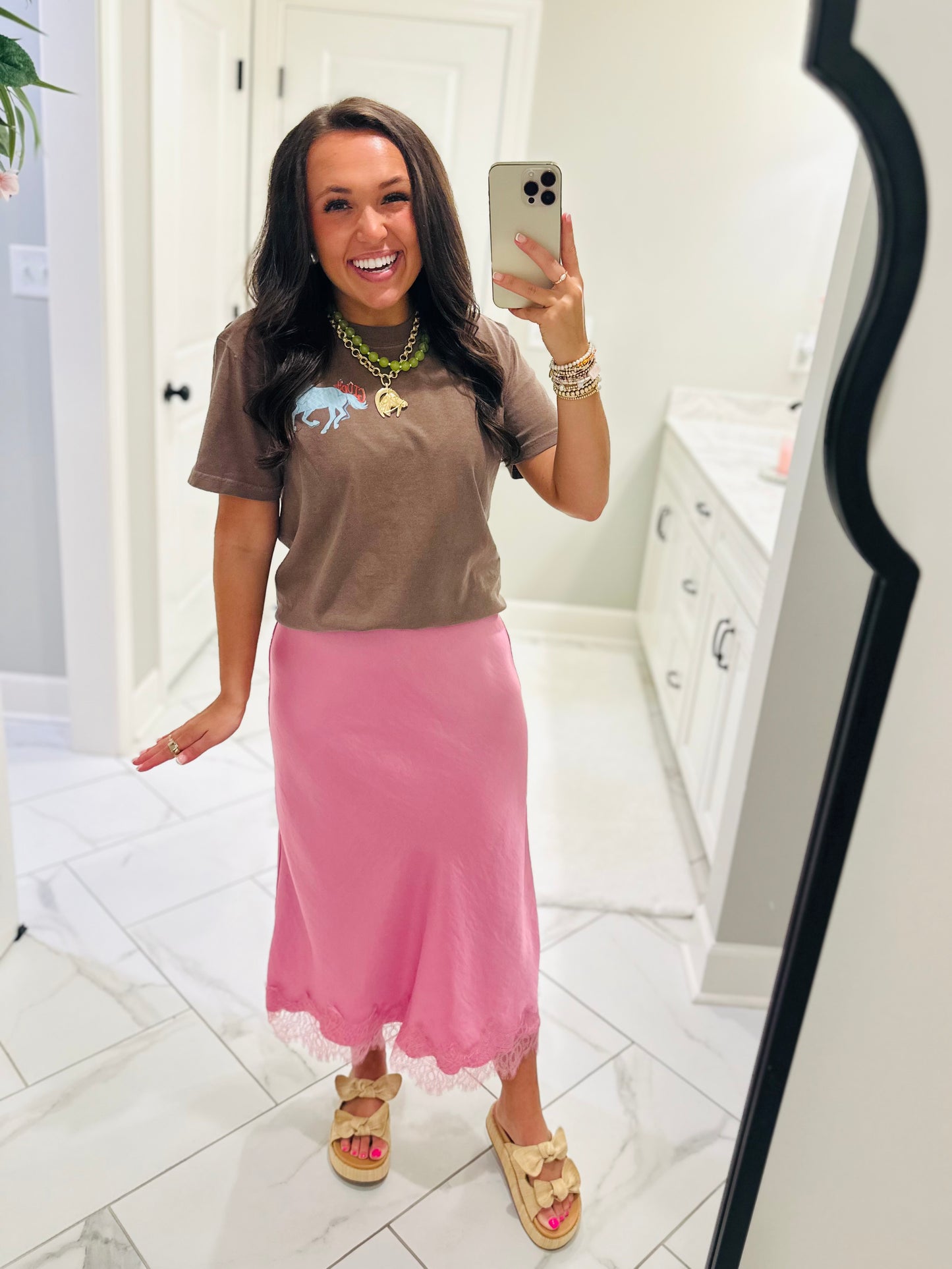 The Laney Pink Satin Lace Midi Skirt