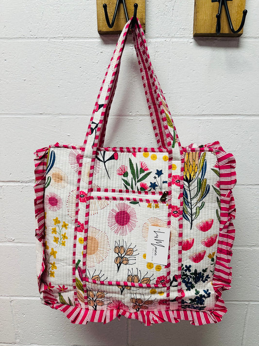 The White + Pink Floral Ruffle Quilted Tote Bag