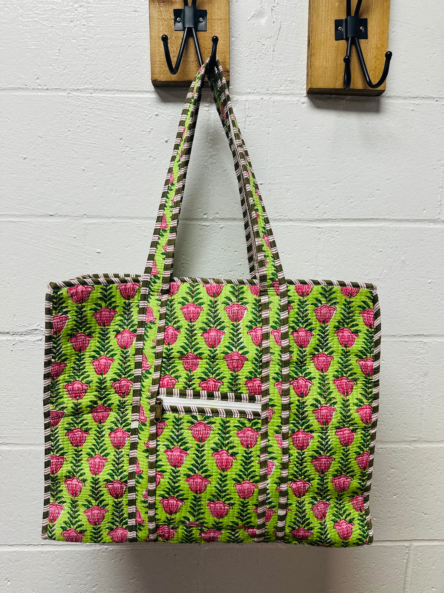 The Green + Pink Ivy Floral Quilted Tote Bag