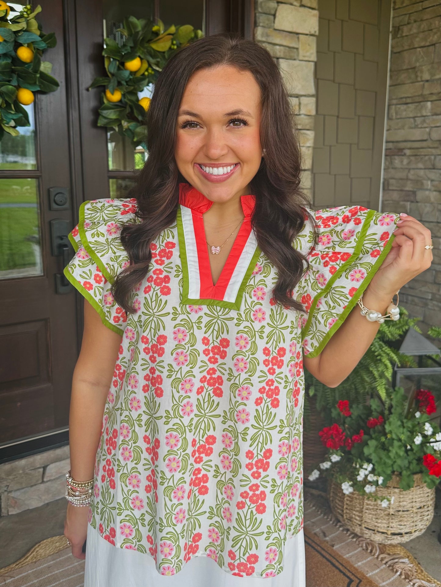 The Cora Green + Coral Floral Top