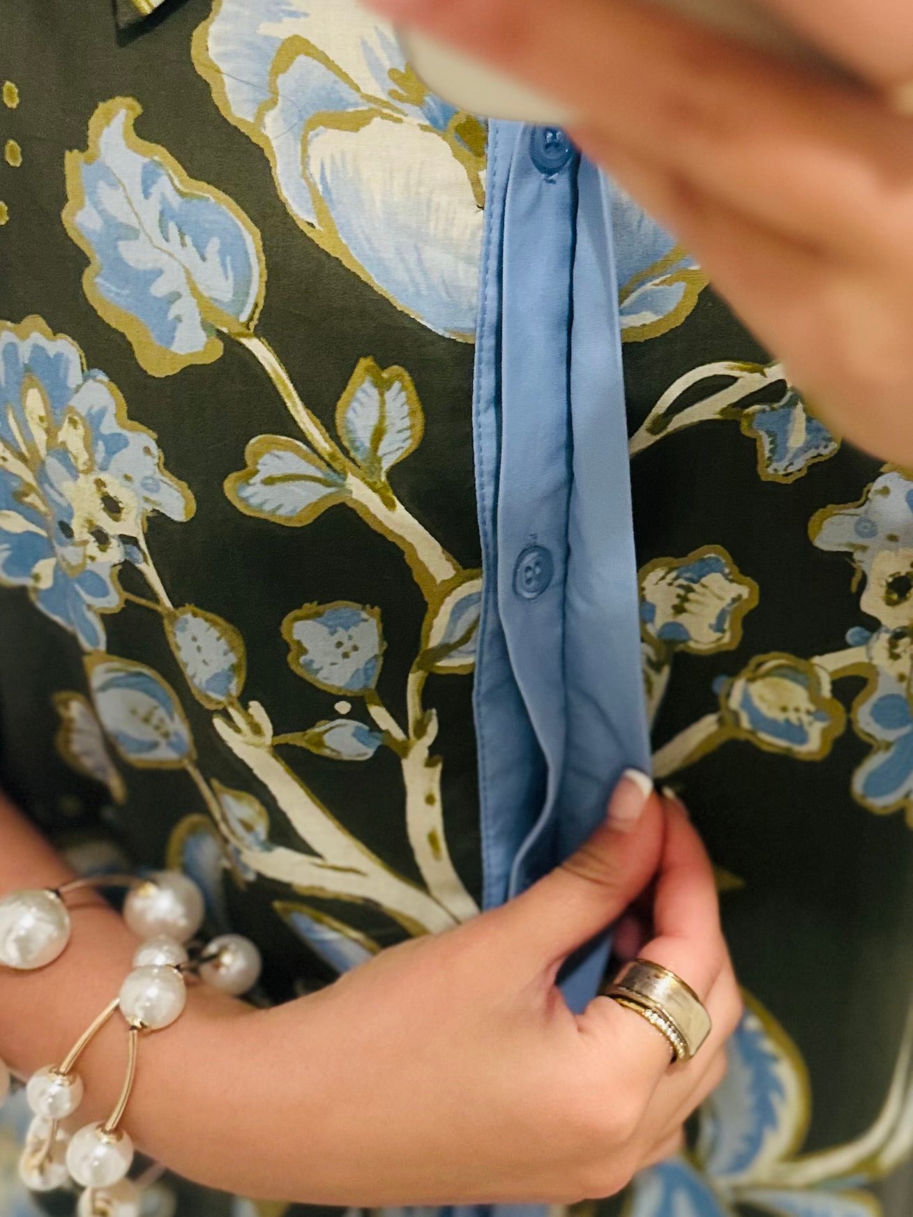 The Evie Olive Green + Blue Floral Midi Dress