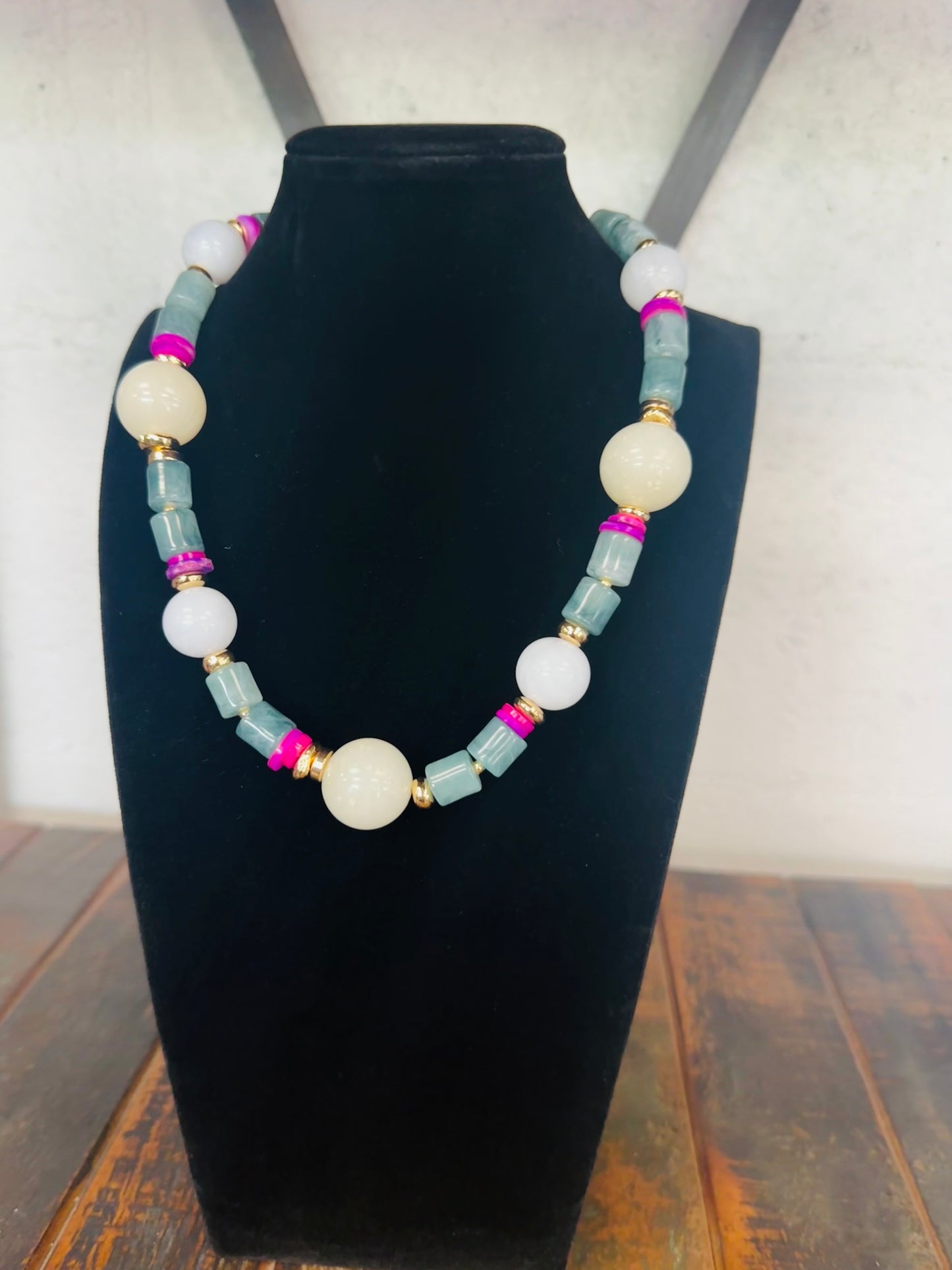 White Stone Ball Mixed Beaded Necklace