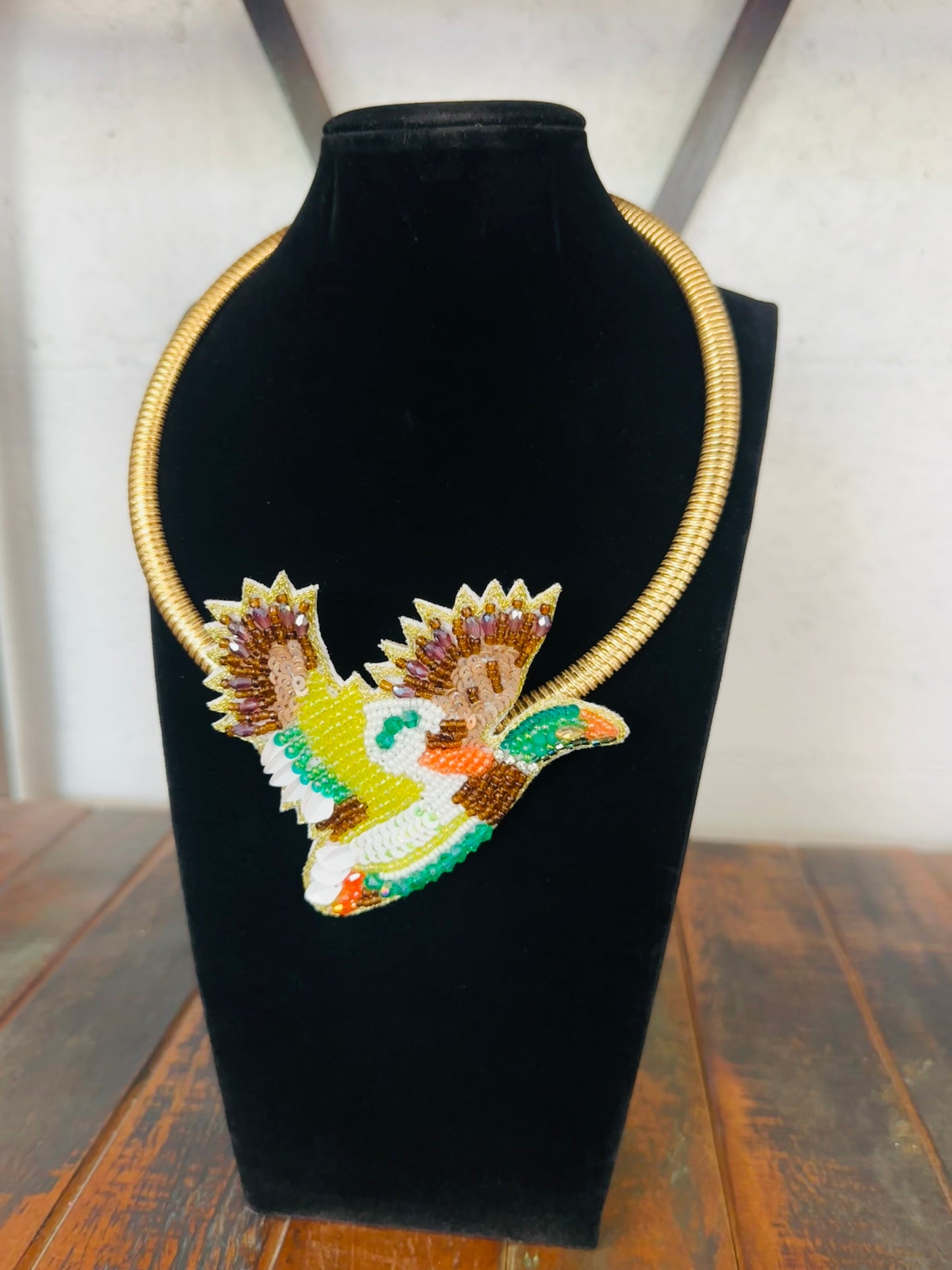 Green + Brown Mallard Beaded Collar Necklace