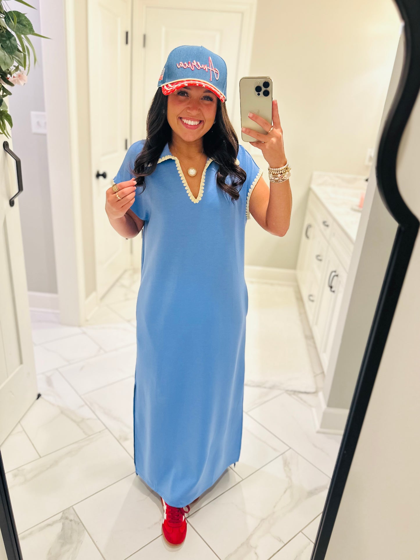 The Sarah Blue Collared Stitch Midi Dress