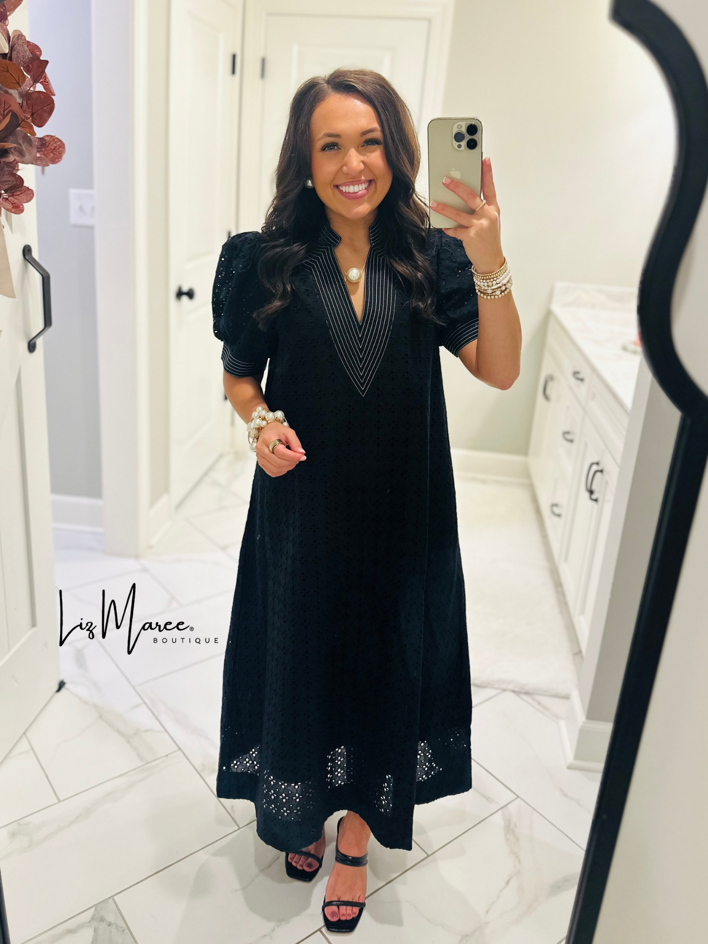 The Adley Black Eyelet Midi Dress
