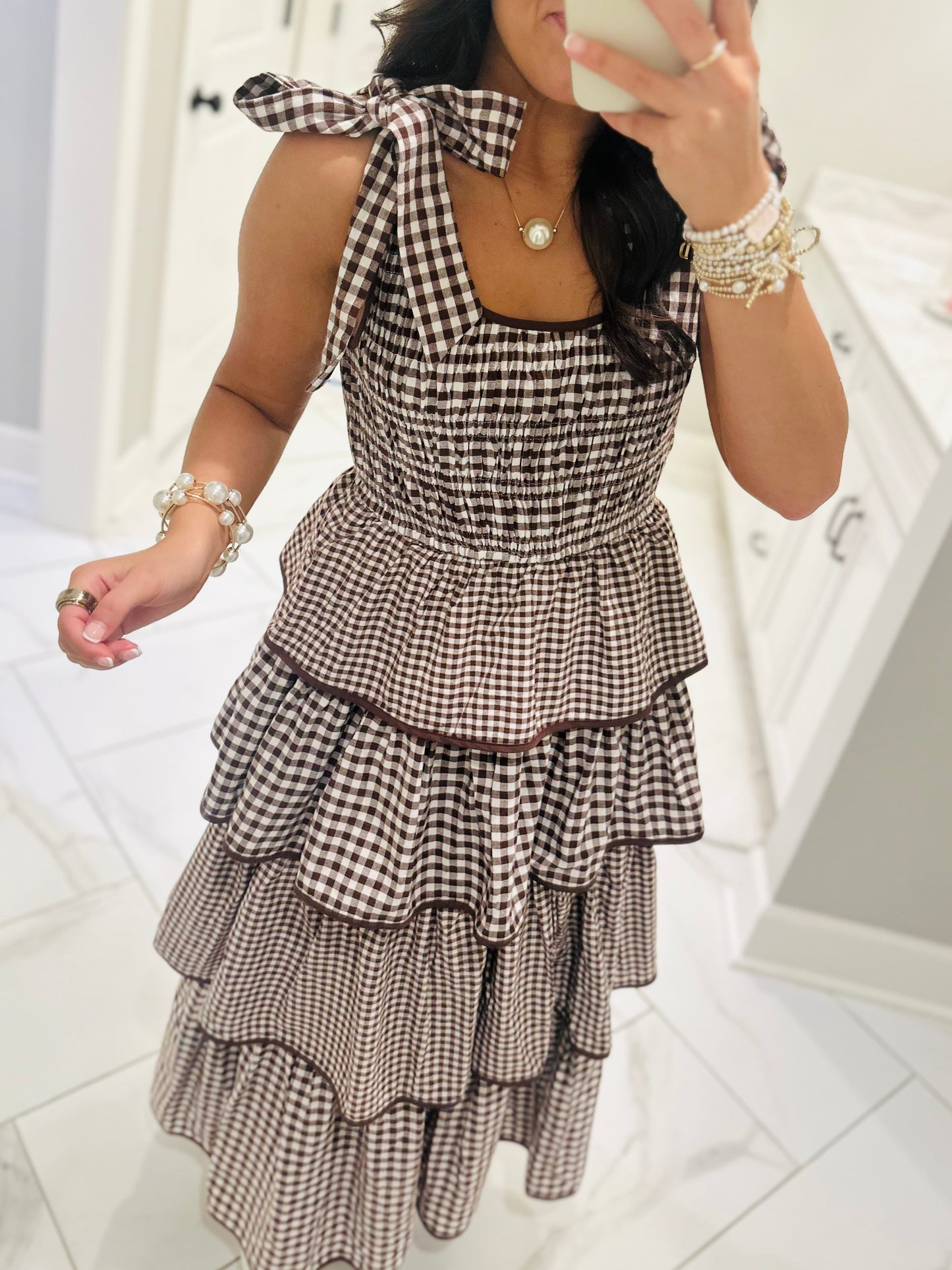 The Kacie Brown Gingham Tiered Ruffle Midi Dress