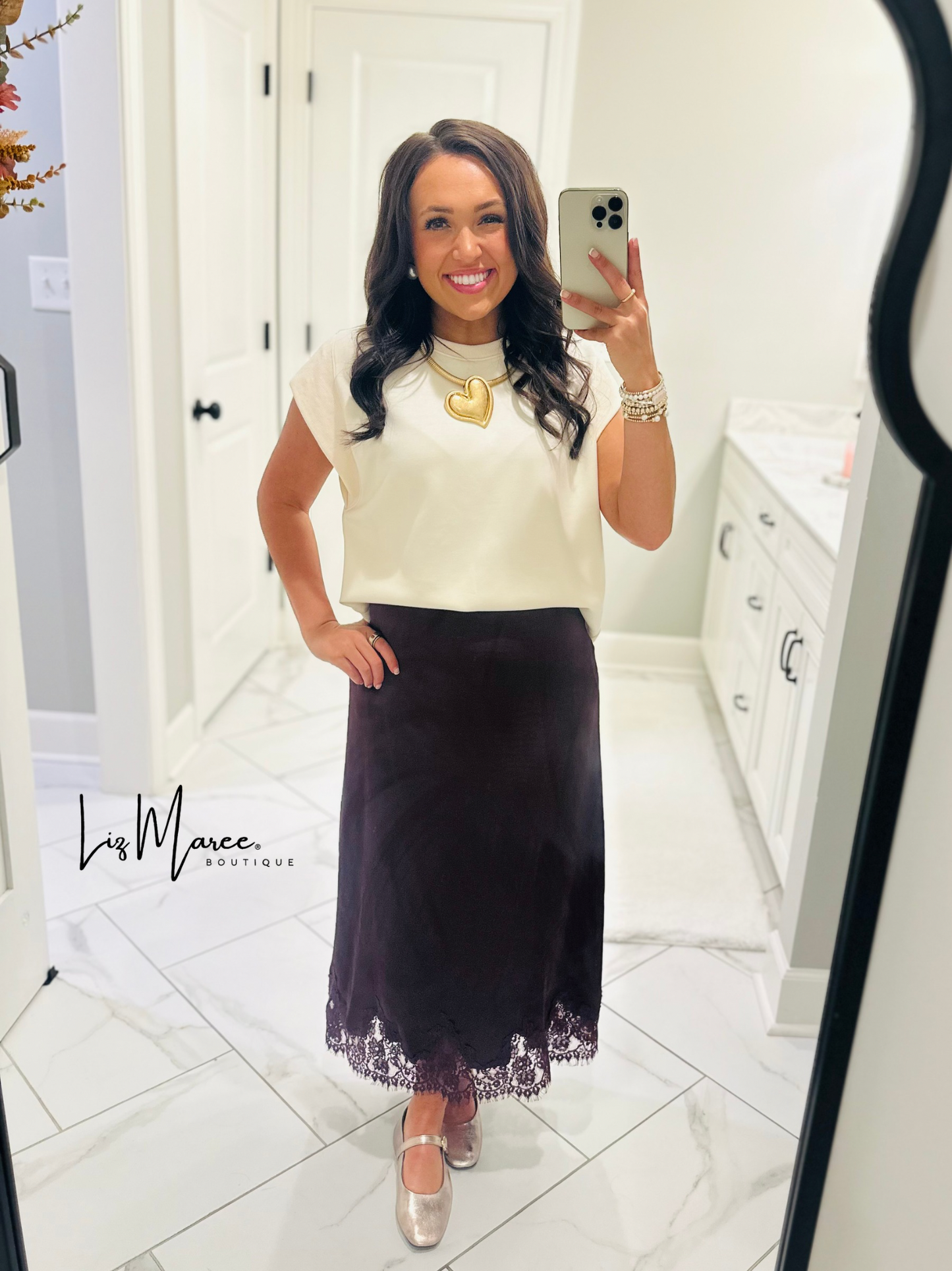The Dallas Burgundy Satin Lace Midi Skirt