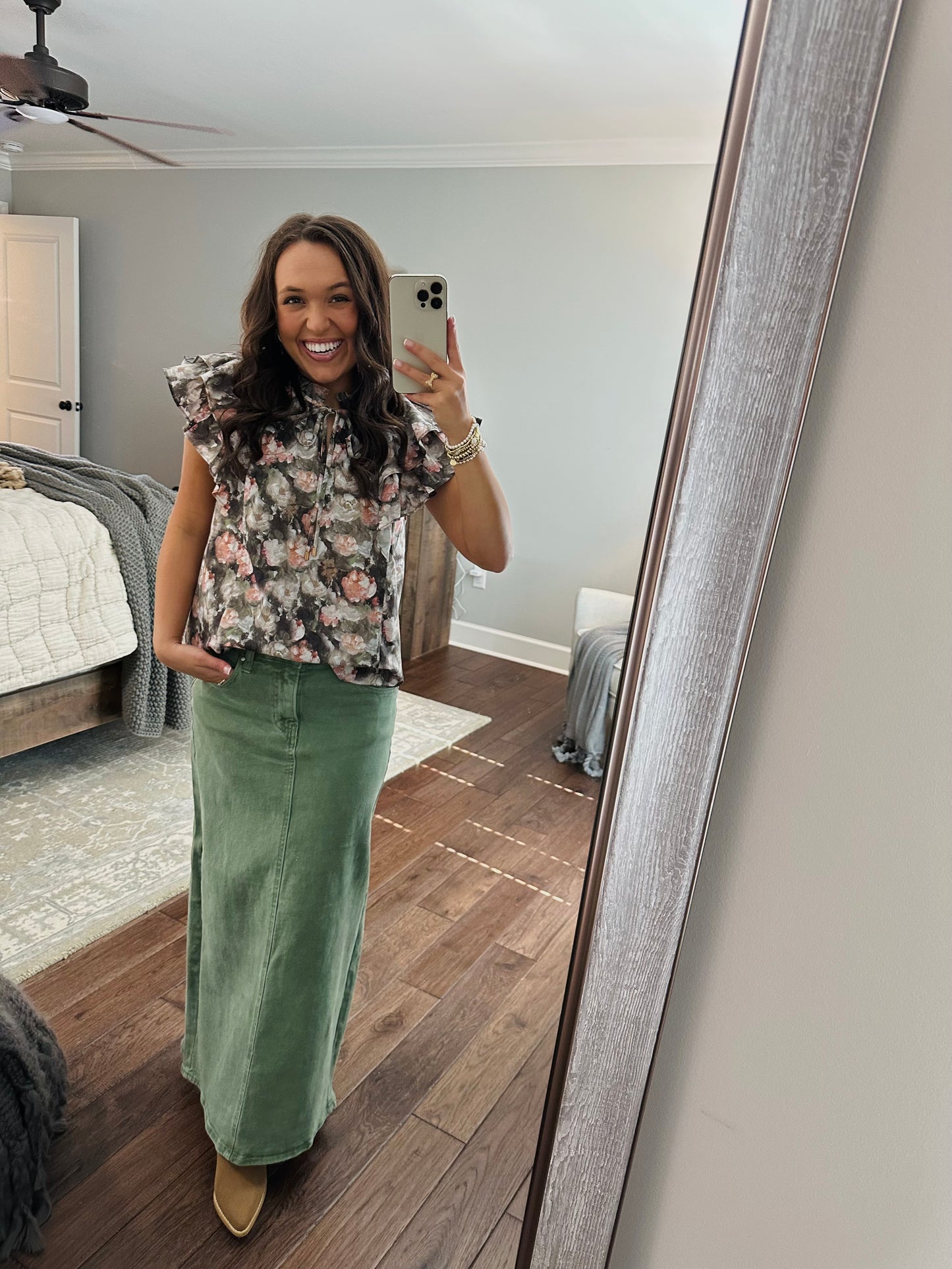 The Drew Olive Green Floral Top