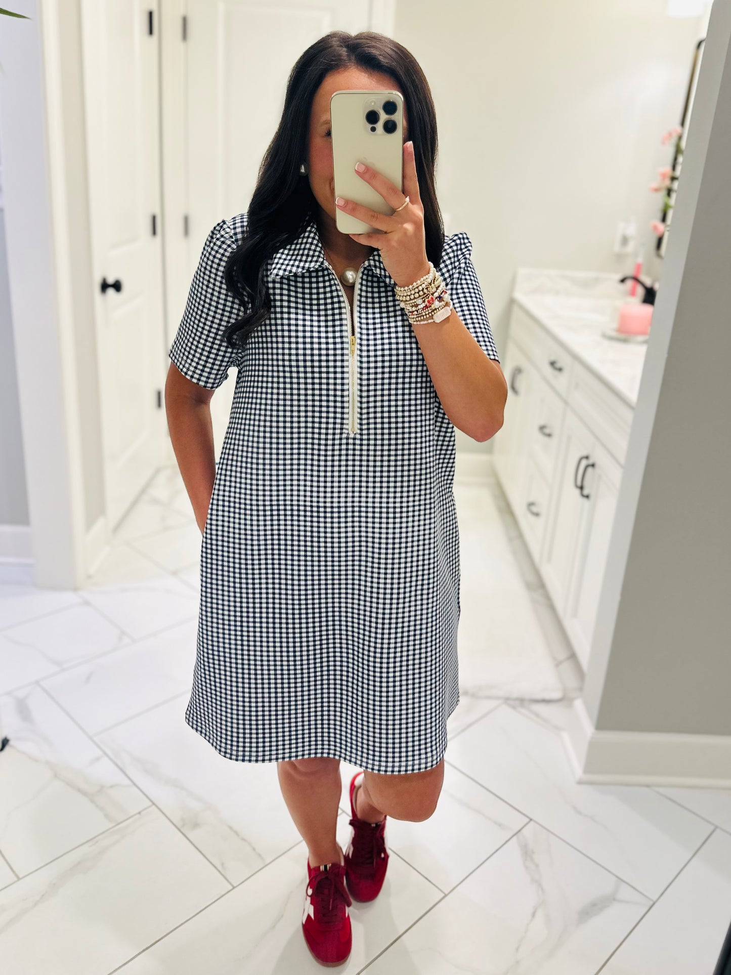 The Lee Navy Gingham Quarter Zip Dress