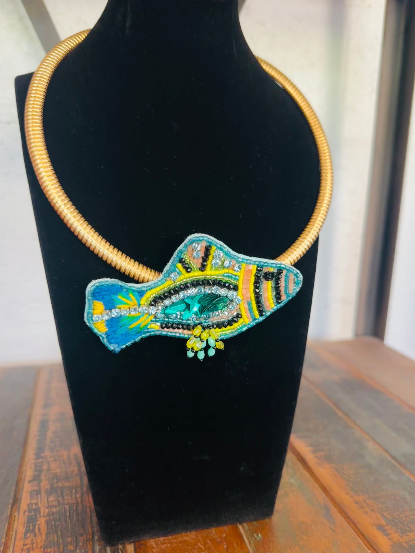 Blue + Green Beaded Fish Collar Necklace