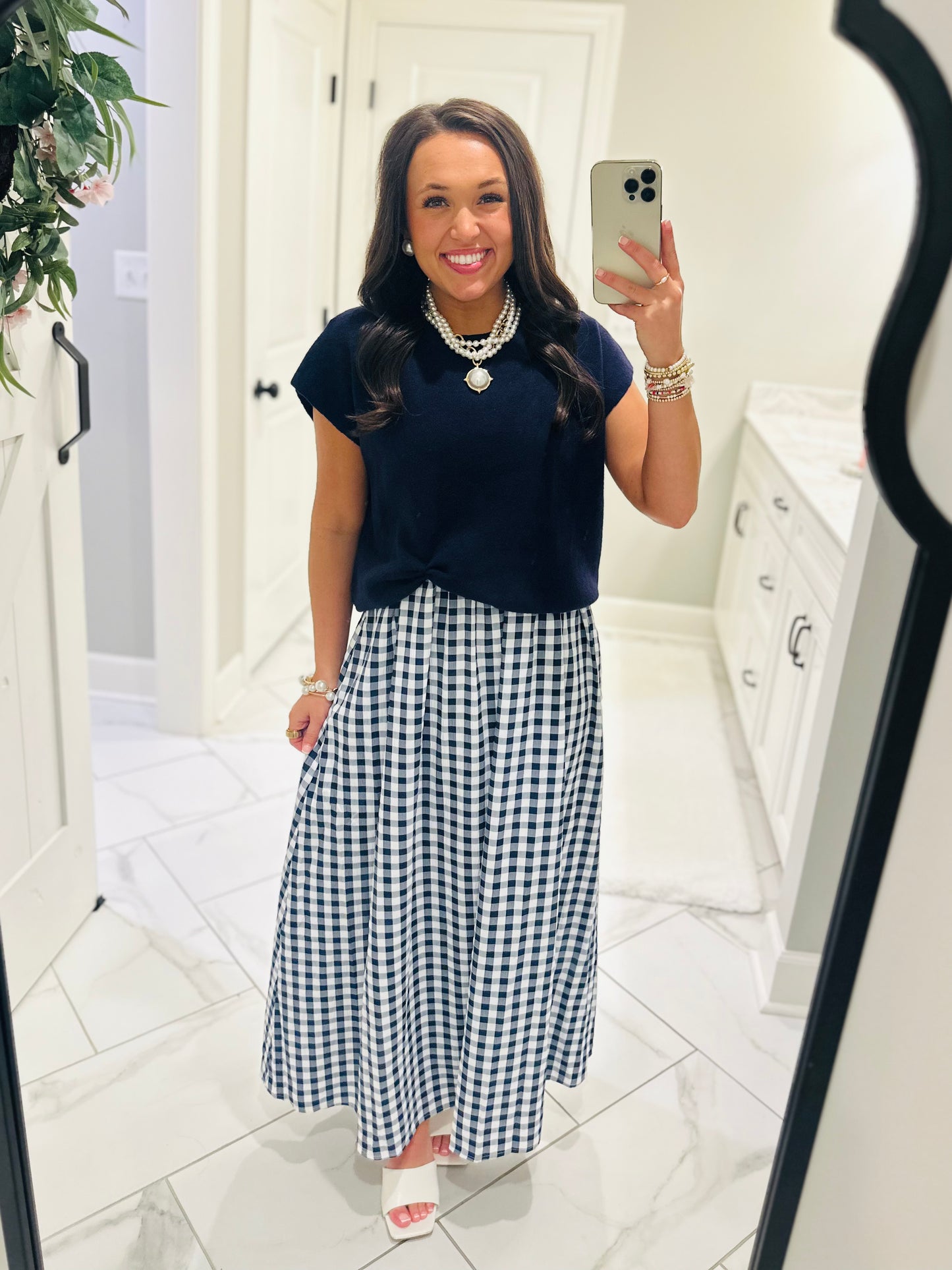The Chloe Navy Layered Gingham Midi Dress