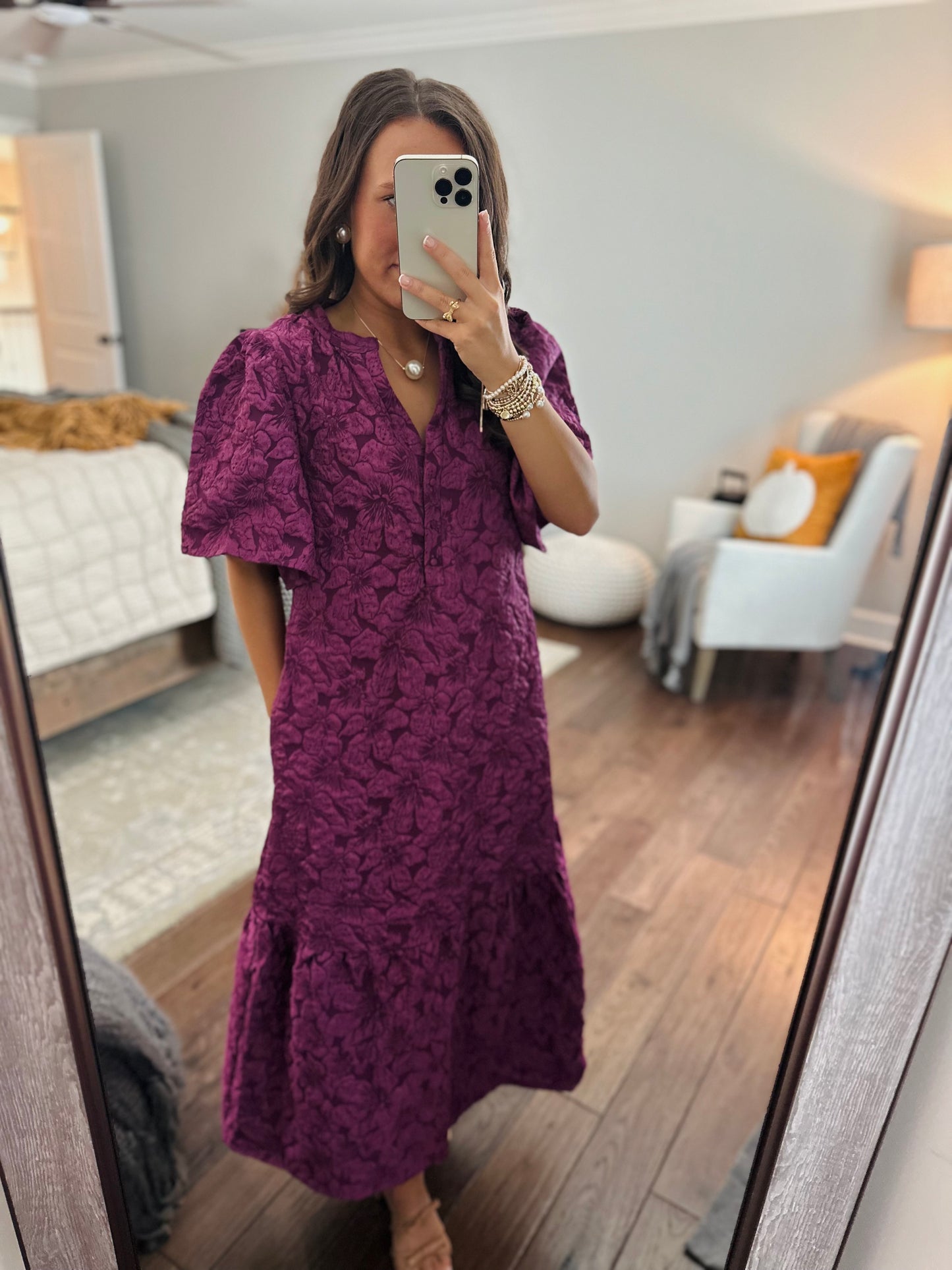 The Ada Plum Jacquard Floral Midi Dress