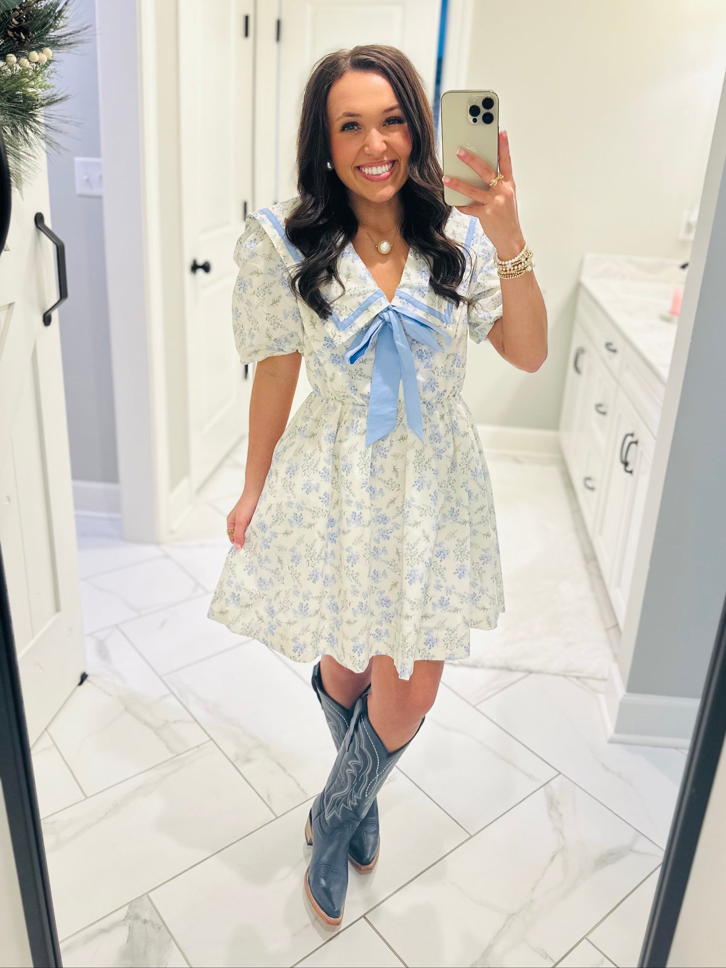 The Charlotte Cream + Blue Printed Poplin Dress