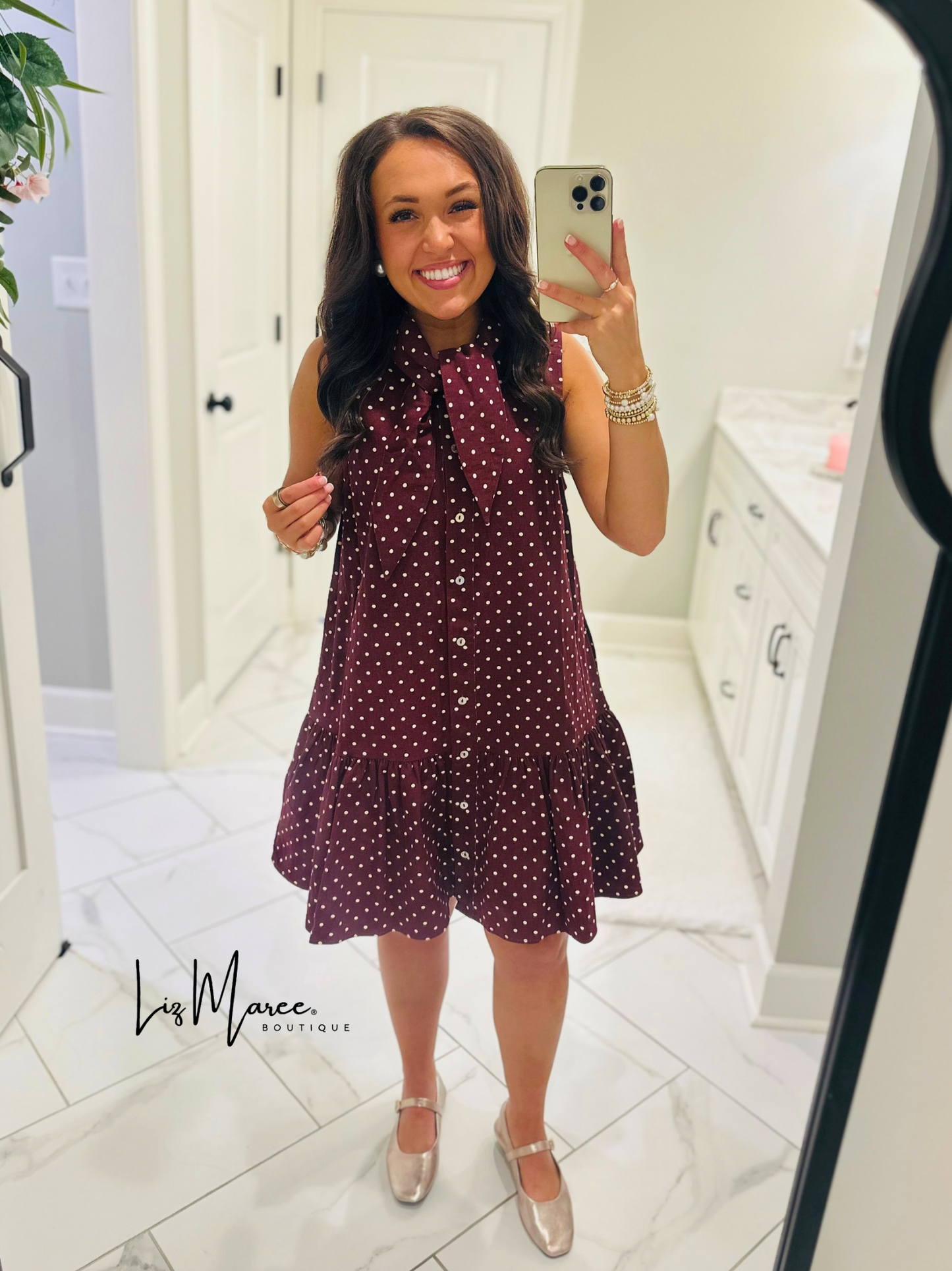 The Stella Burgundy Polka Dot Denim Dress