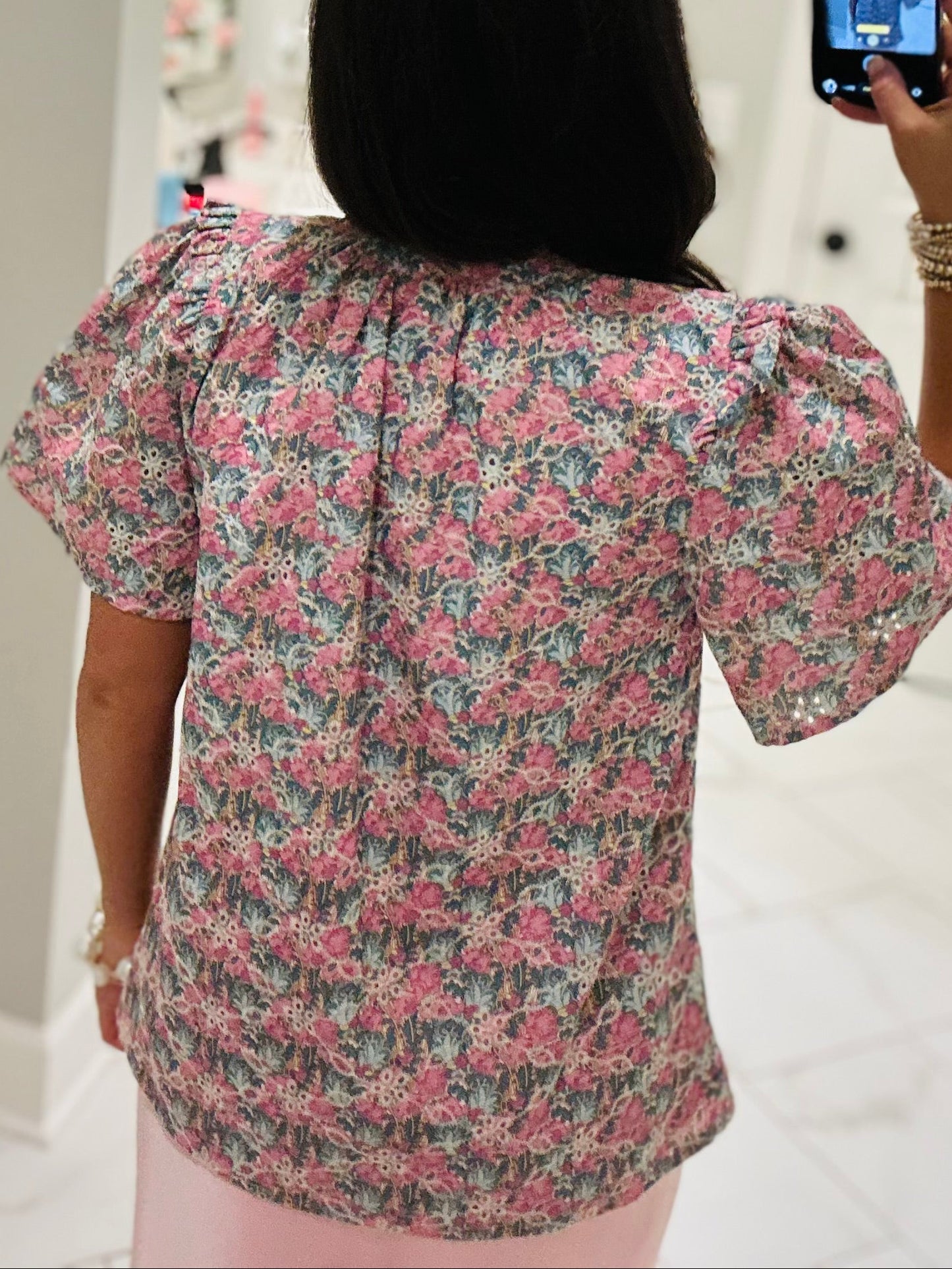The Gemalee Pink + Green Eyelet Top