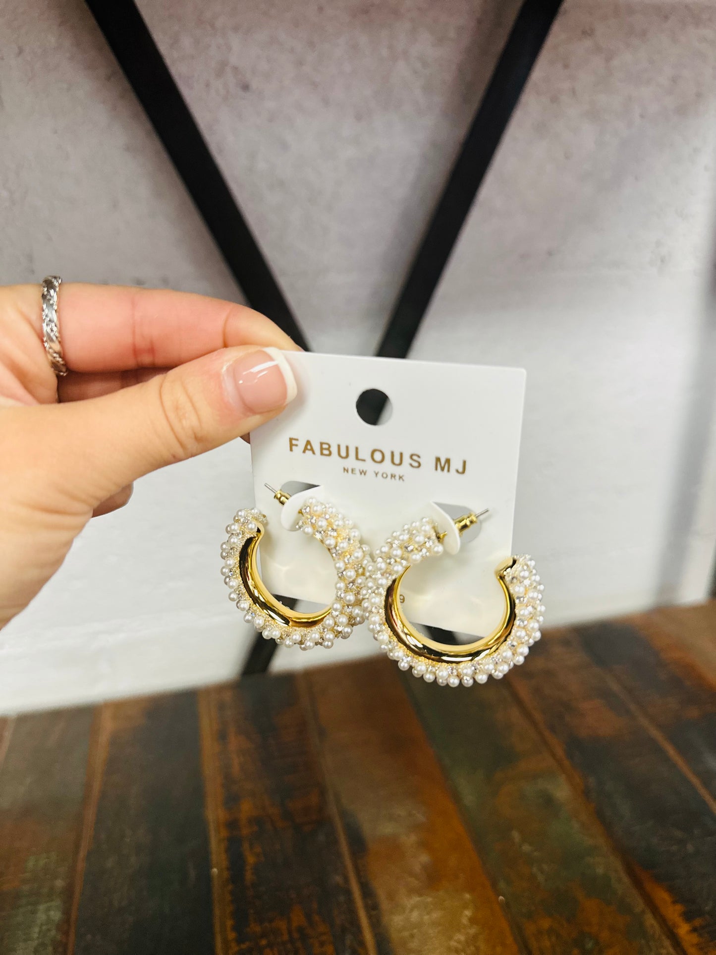 Gold + Cream Pearl Rhinestone Hoop Earring