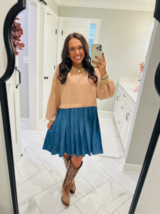 The Ella Long Sleeve Pleated Dress - Taupe / Denim