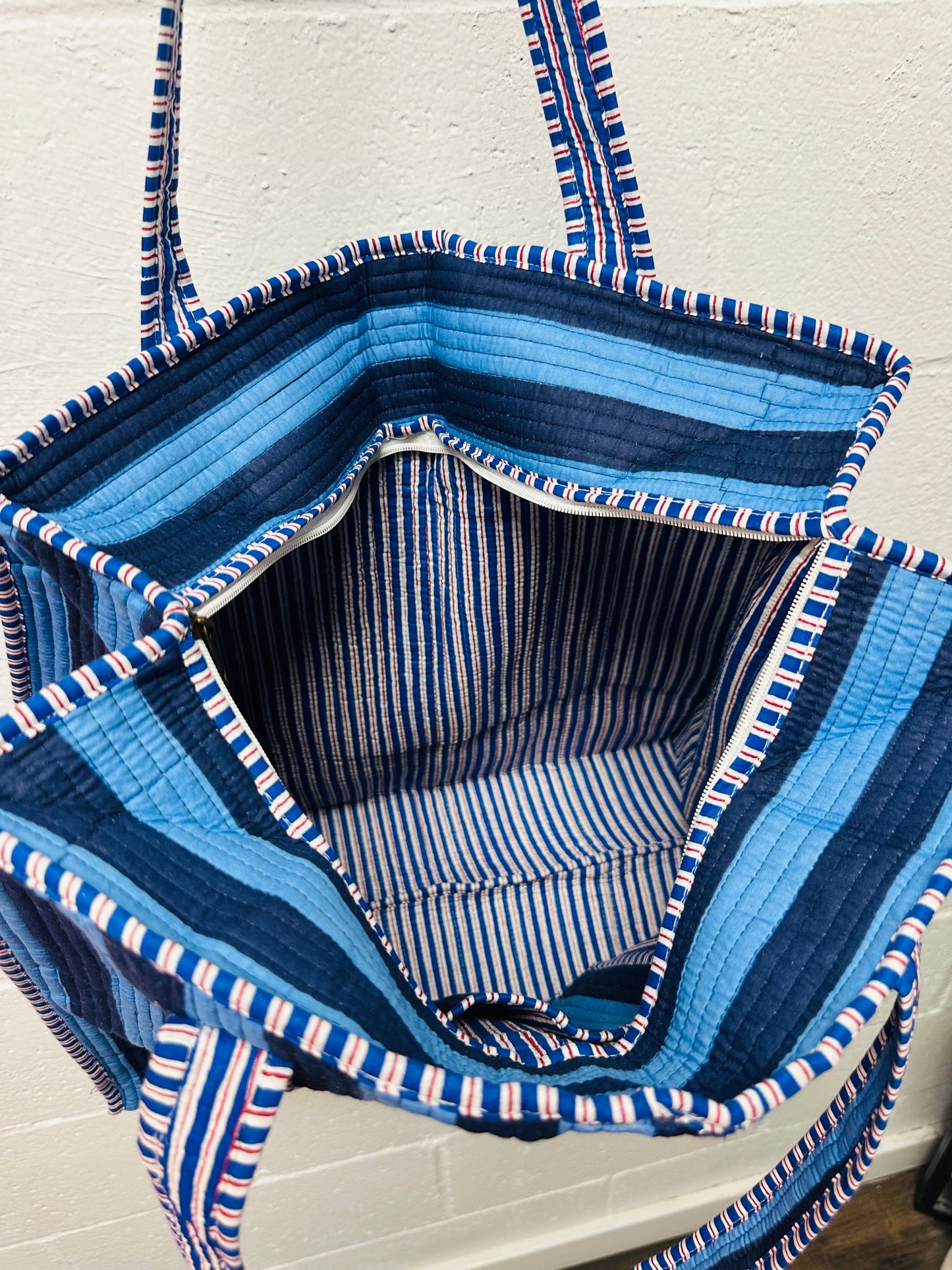 The Navy + Light Blue Striped Quilted Tote Bag