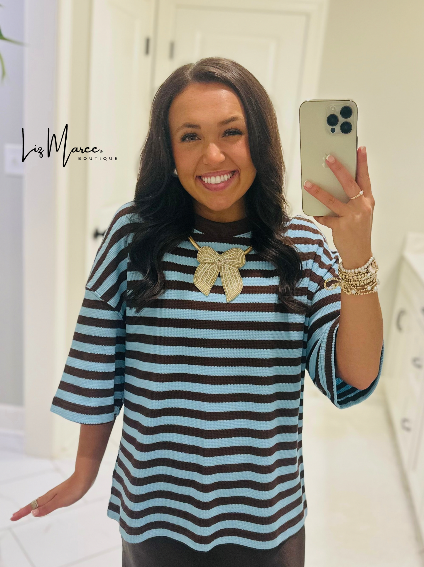 The Everly Blue + Brown Striped Knit Top