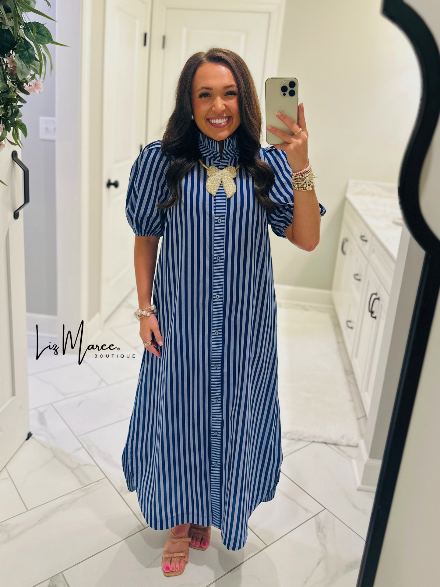 The Quinn Navy Blue Striped Midi Dress