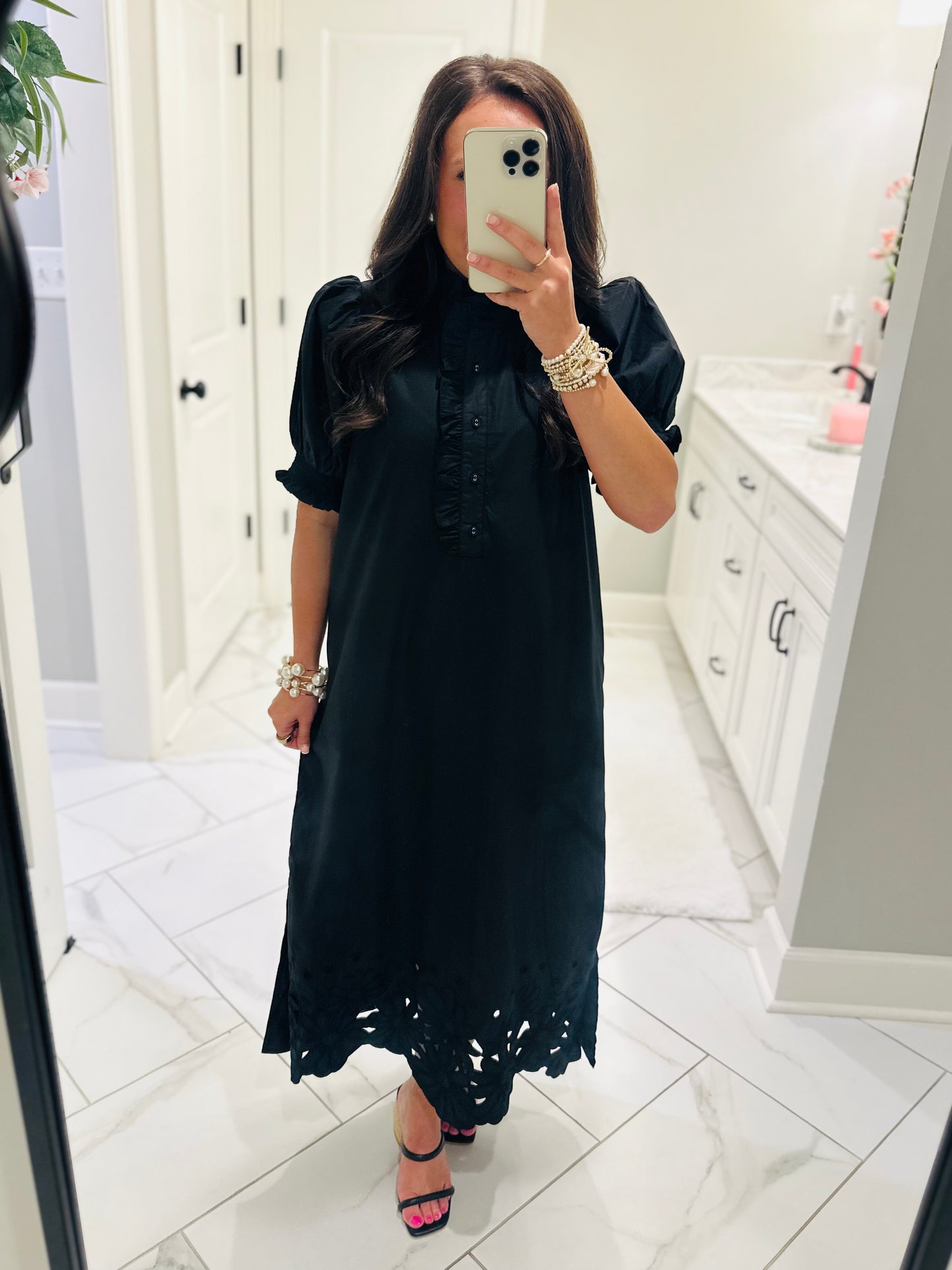 The Blakeley Black Embroidered Scallop Midi Dress